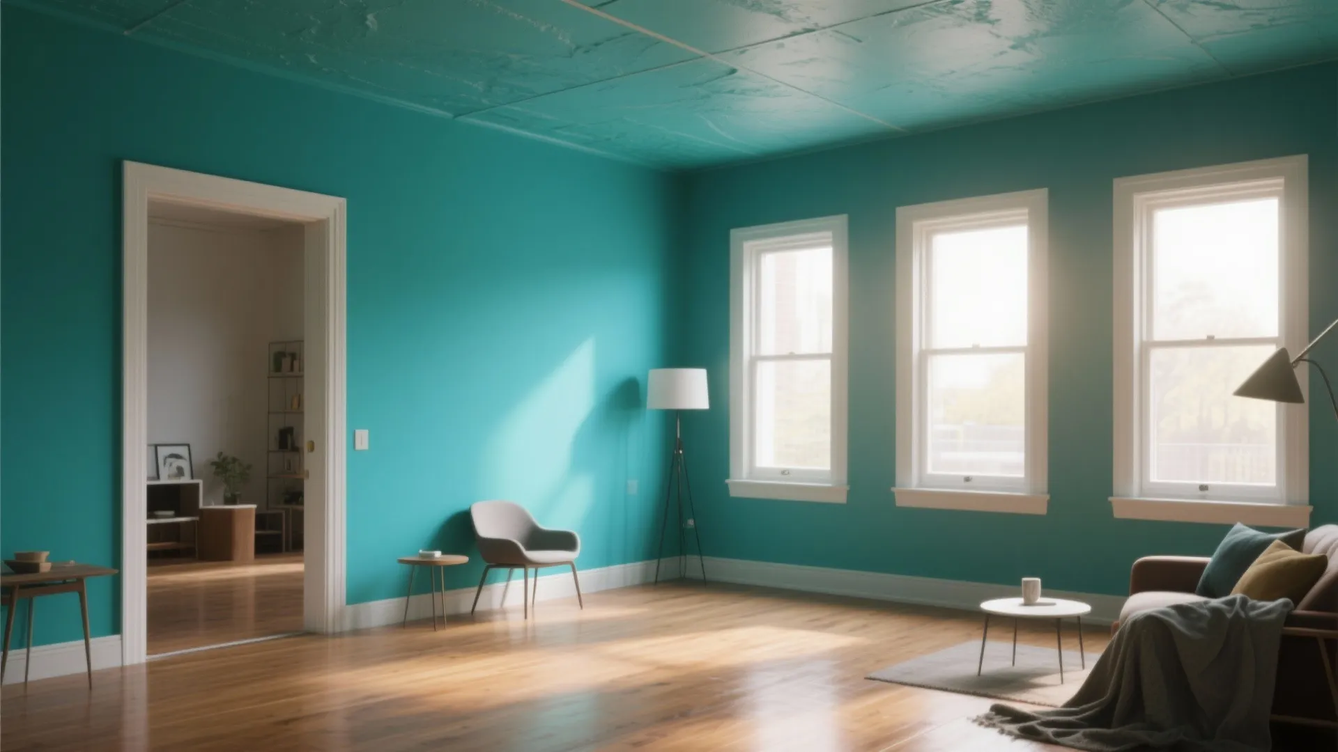 Spacious living room with teal walls blue ceiling wood flooring windows and modern sofa set
