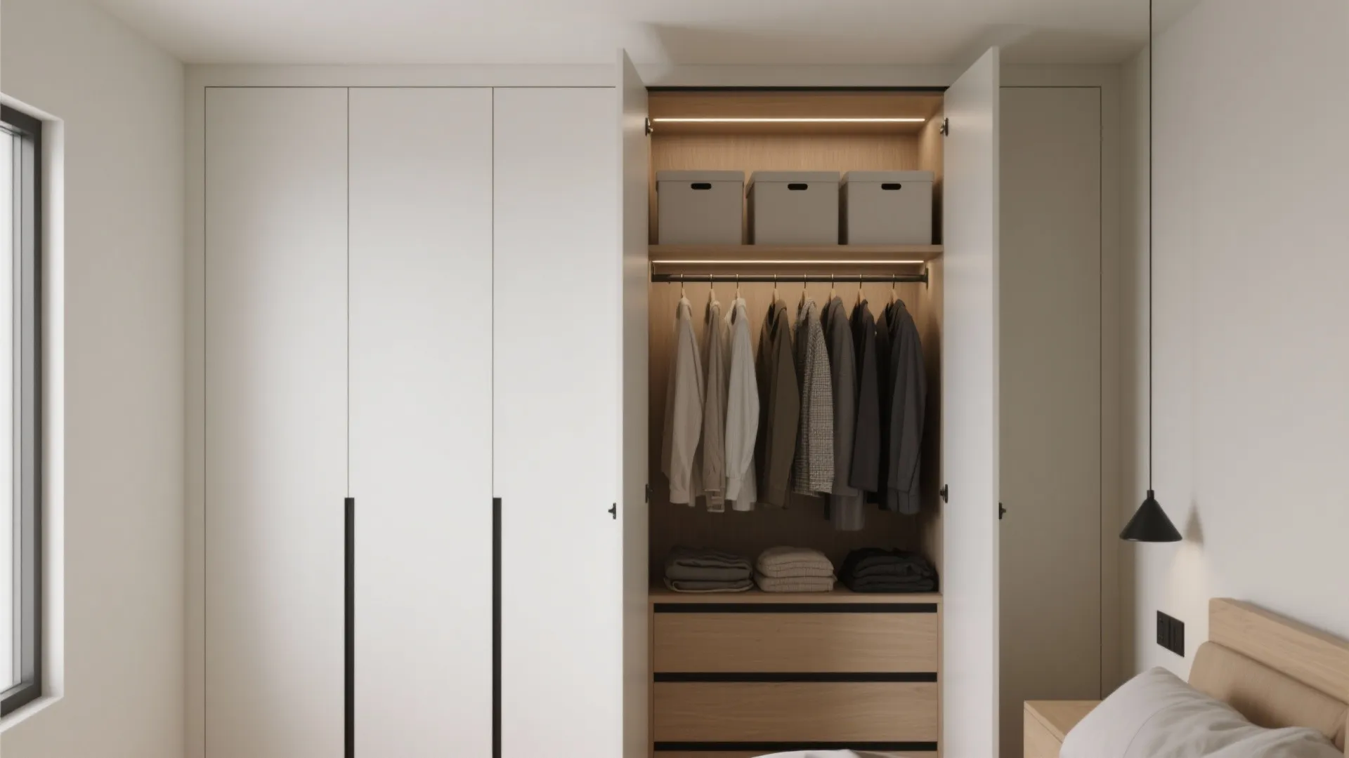 White built in bedroom cabinet with open door revealing clothes storage space and warm light fixture