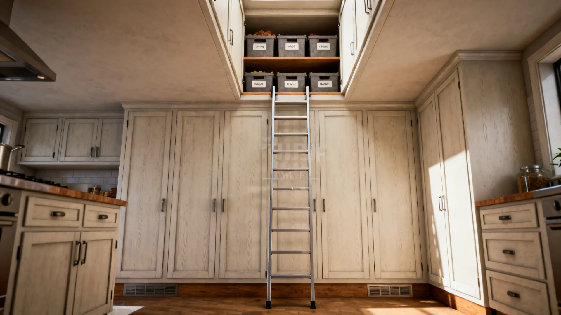 Ceiling-High Cabinets with a Hidden Ladder Bay