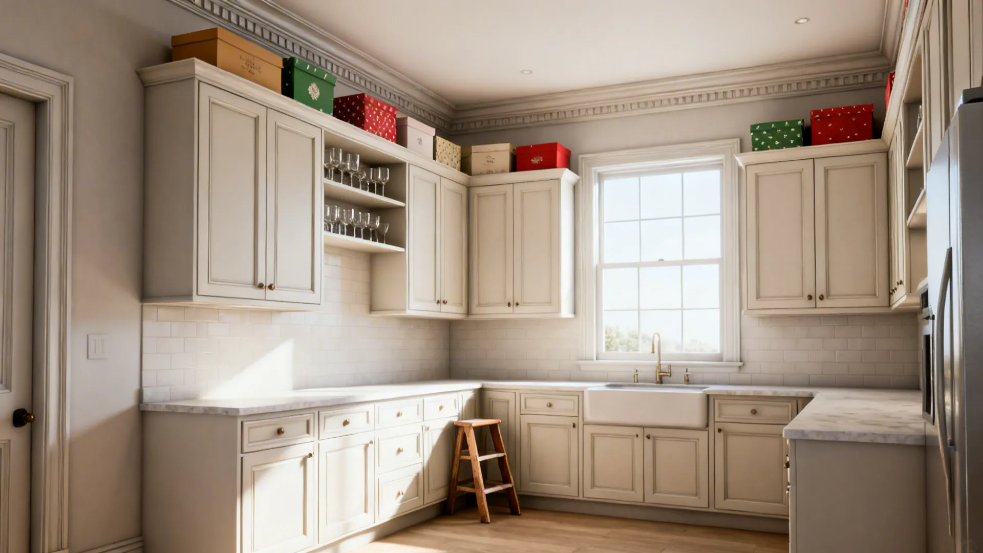 Light-colored upper kitchen cabinets extending to the ceiling with storage boxes and a step stool