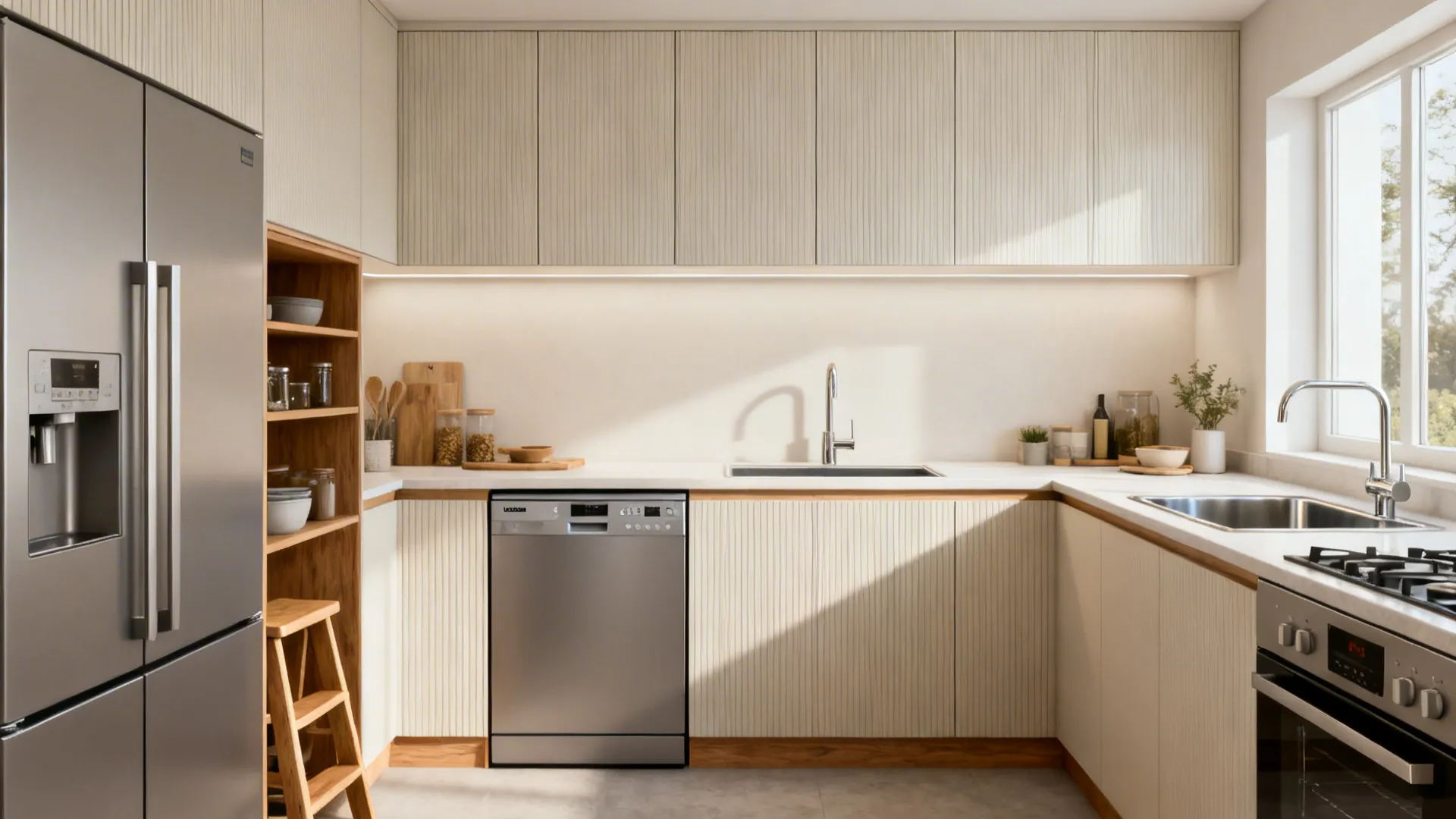 Ceiling-high cabinets with slim appliances in a compact kitchen, maximizing storage and prep space.