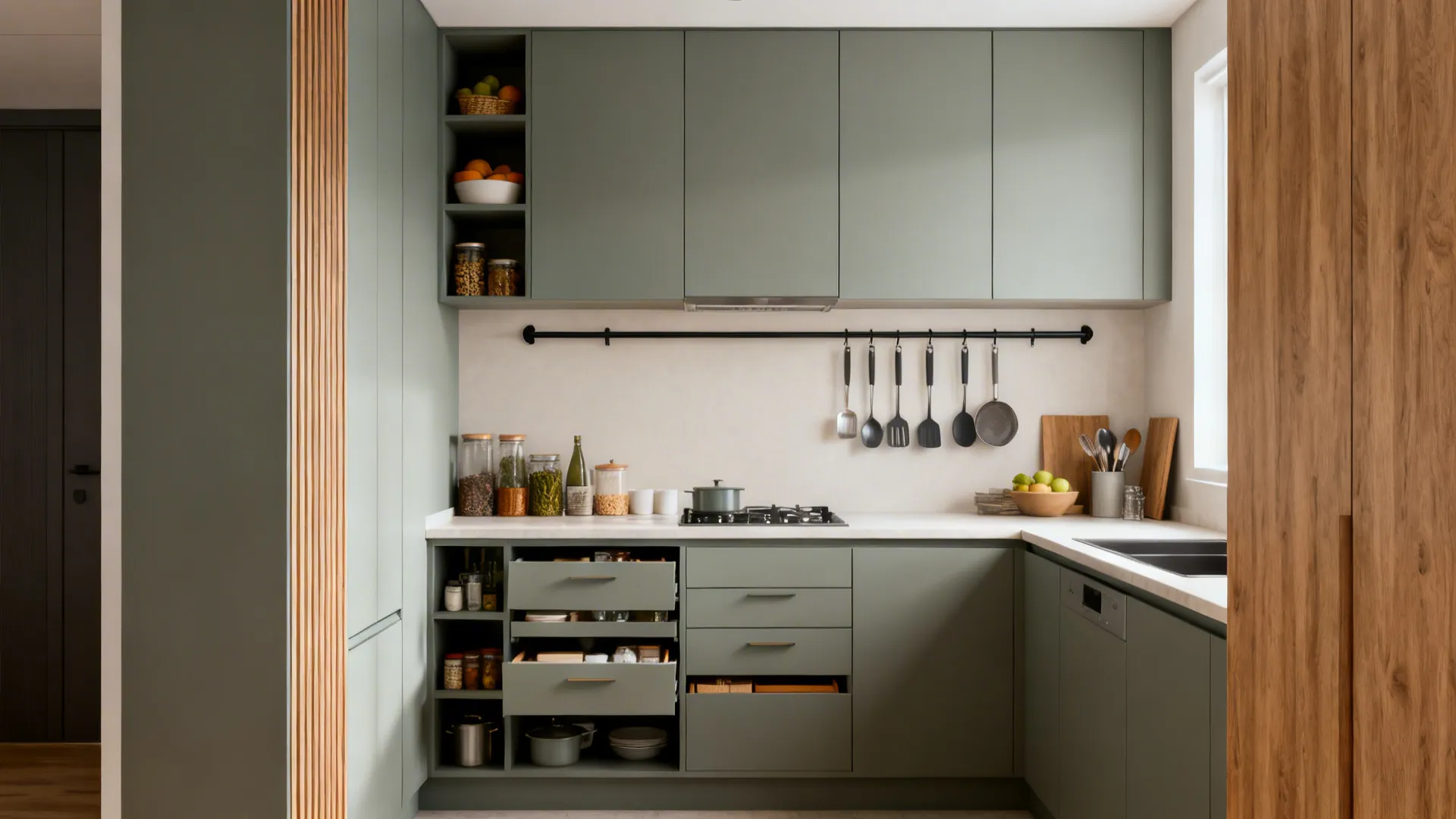 Micro-kitchen with ceiling-high cabinets and a utensil rail system keeping counters clear.