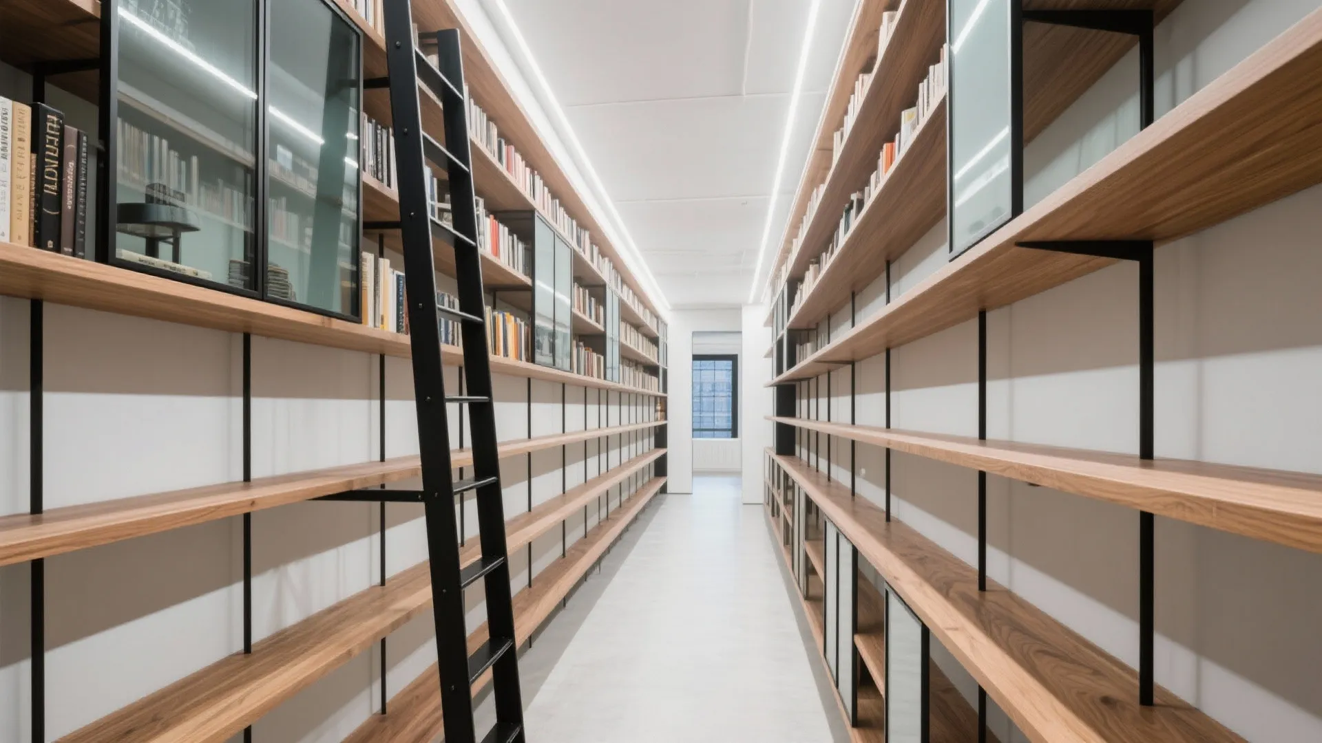 Ultra-slim, ceiling-high shelves with a sliding ladder