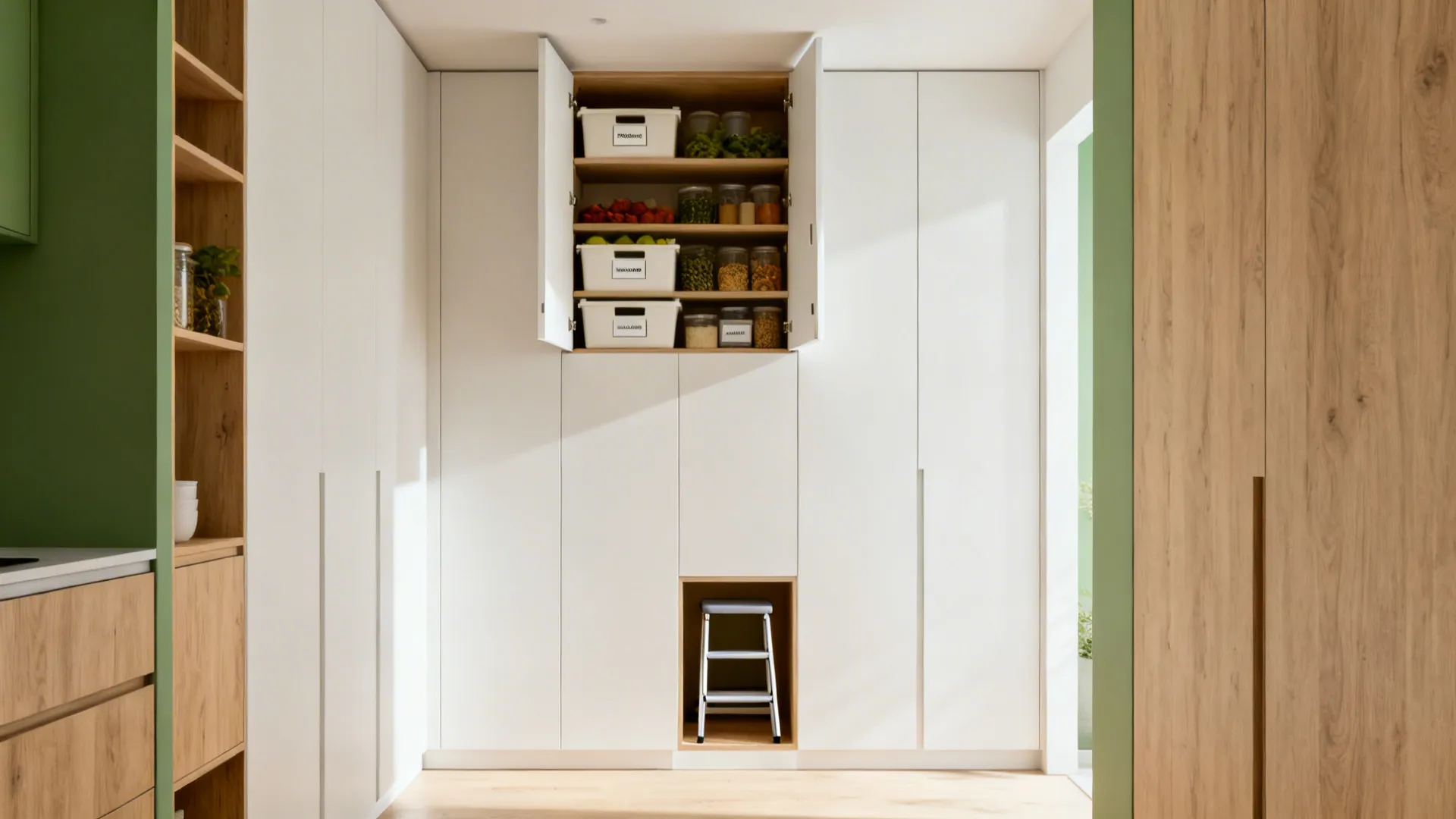 Ceiling-high pantry cabinets with labeled lightweight bins and a foldable step stool in a side niche.