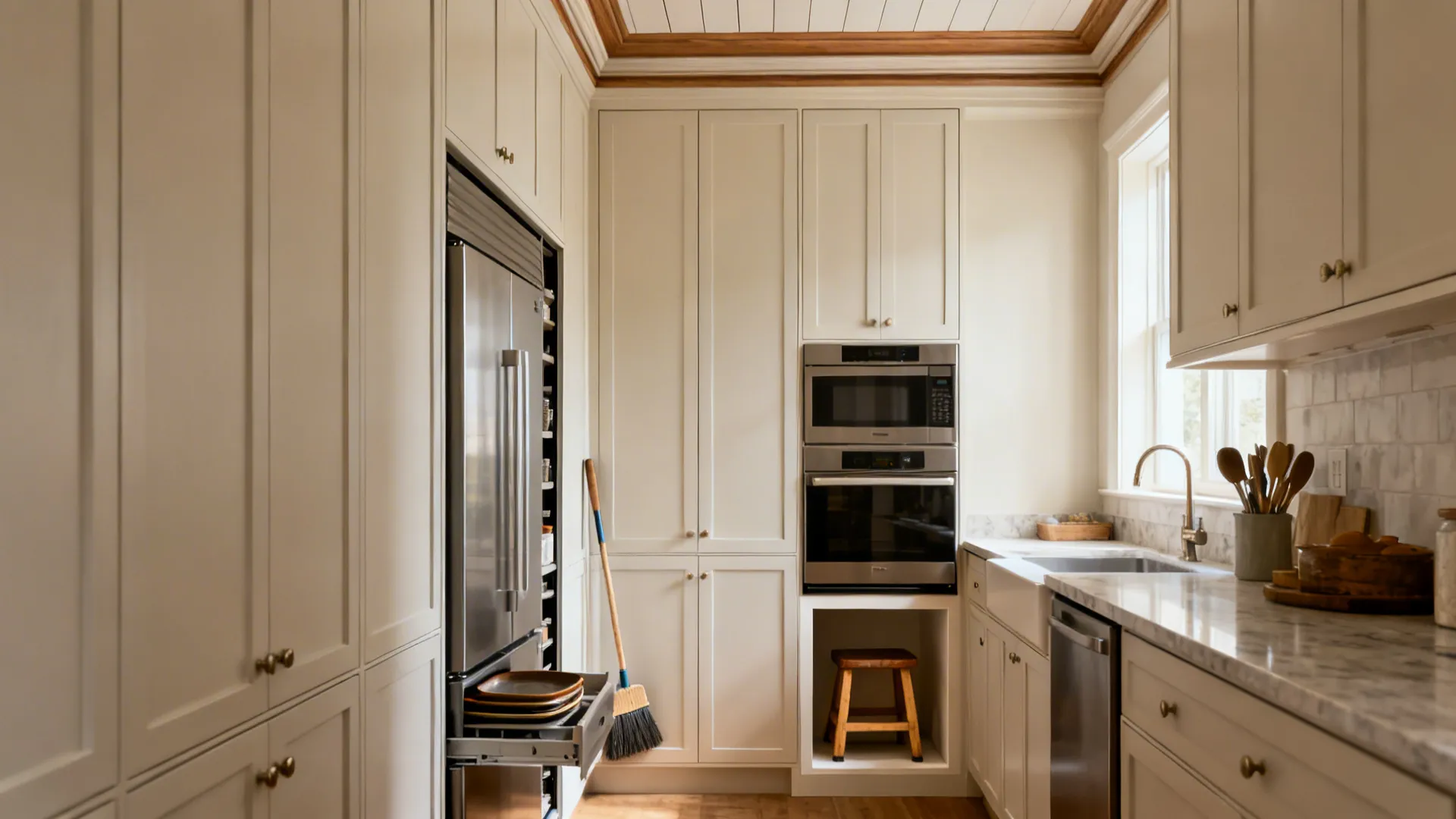Ceiling-high pantry wall with slim pull-out utility lane and a tucked step stool.