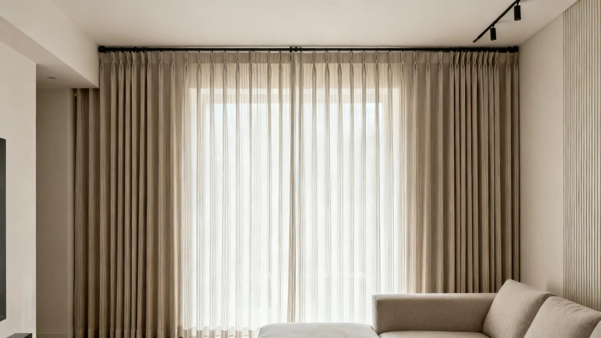 High-mounted curtain rod with long panels visually raises the ceiling in a small drawing room.