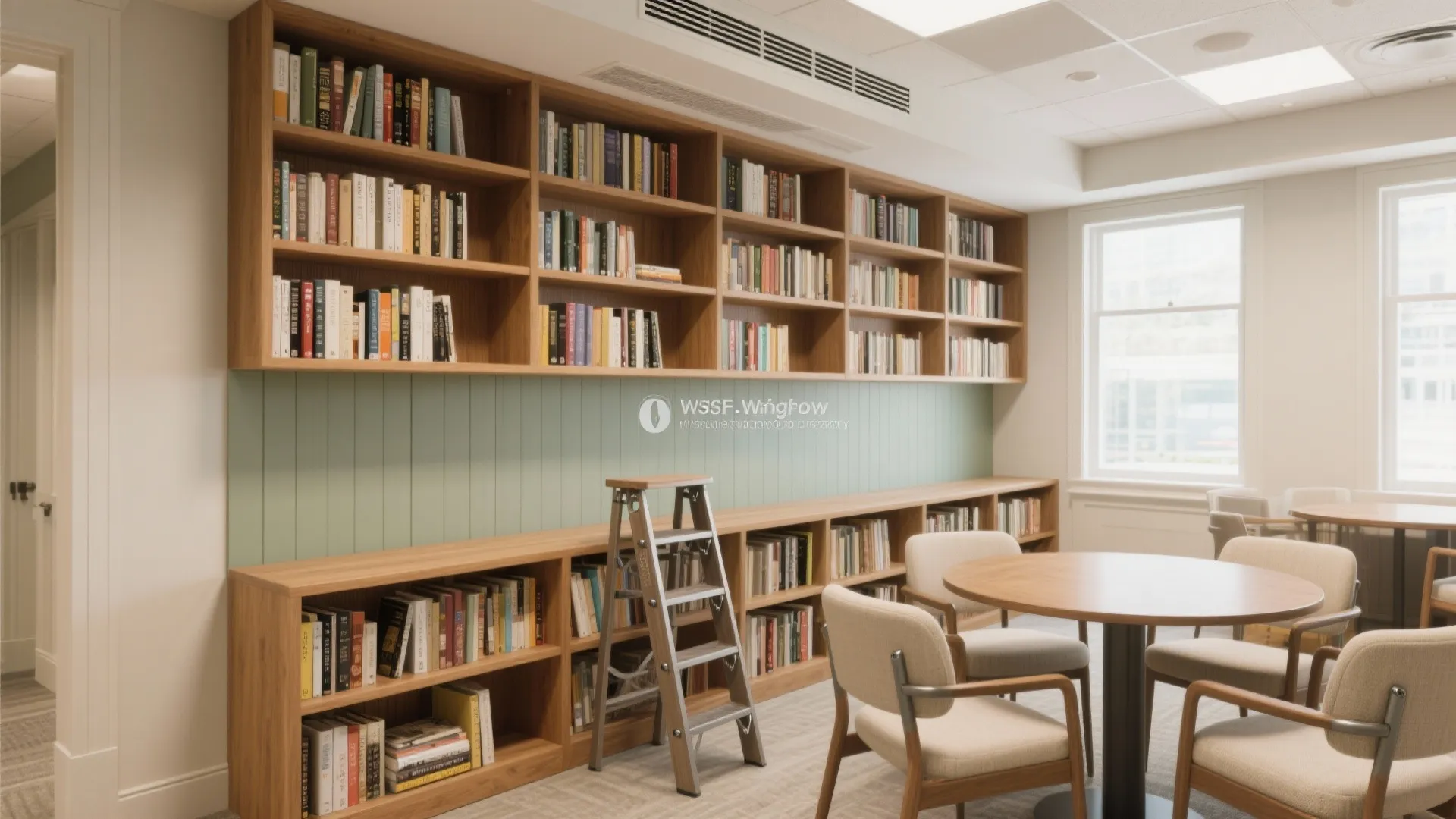 Modern library study room with wooden wall shelves a step ladder round tables and chairs