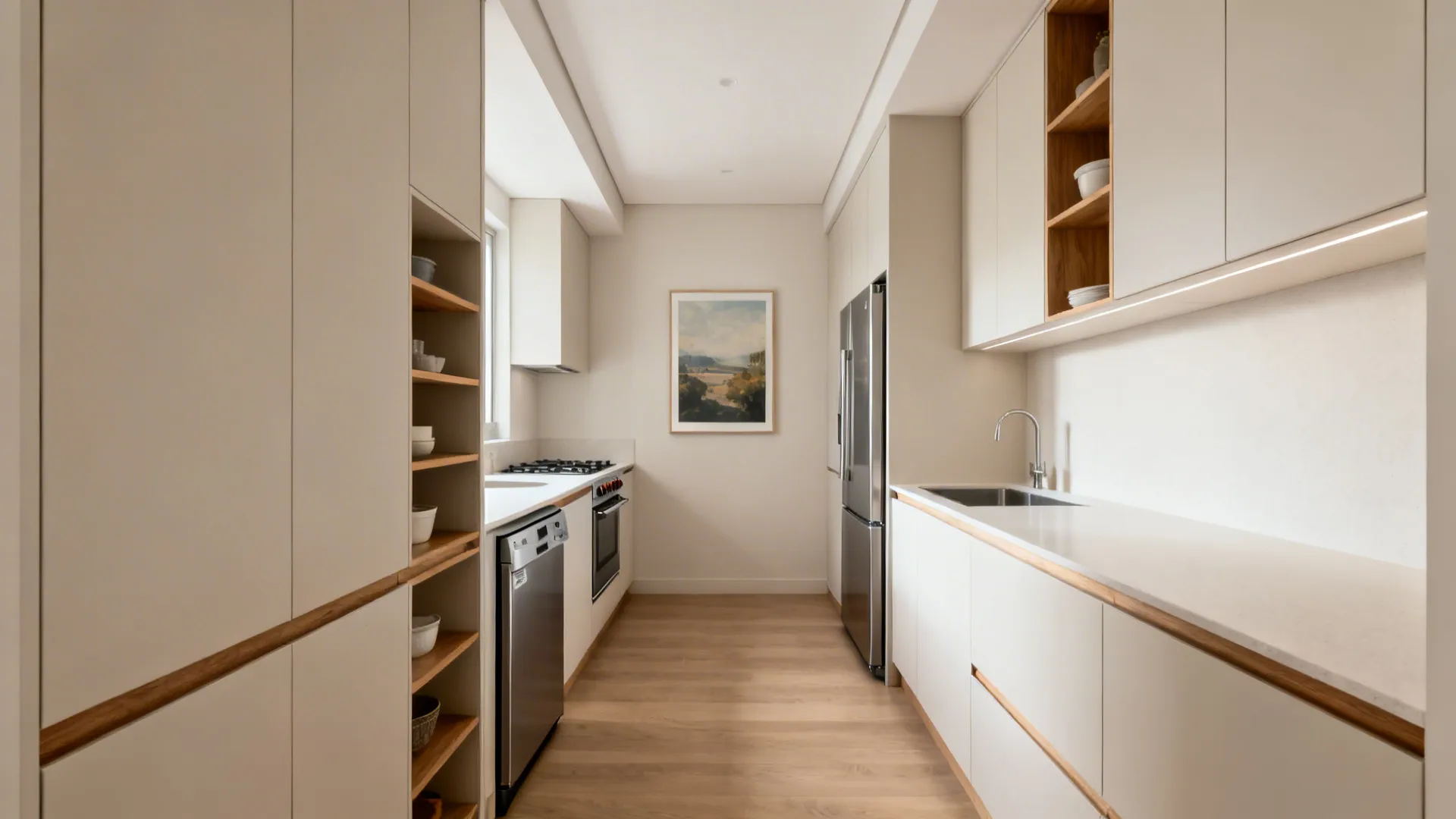 Narrow kitchen with ceiling-high shallow cabinets and slim 450mm appliances for clear circulation.