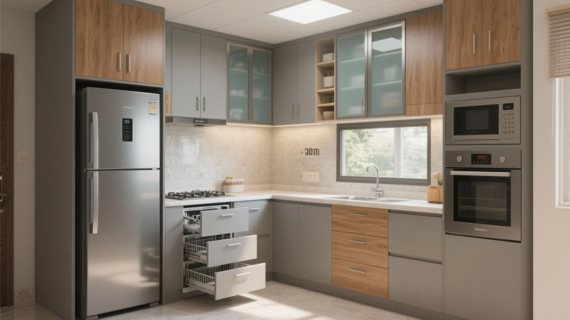 Ceiling-high storage and slim appliances