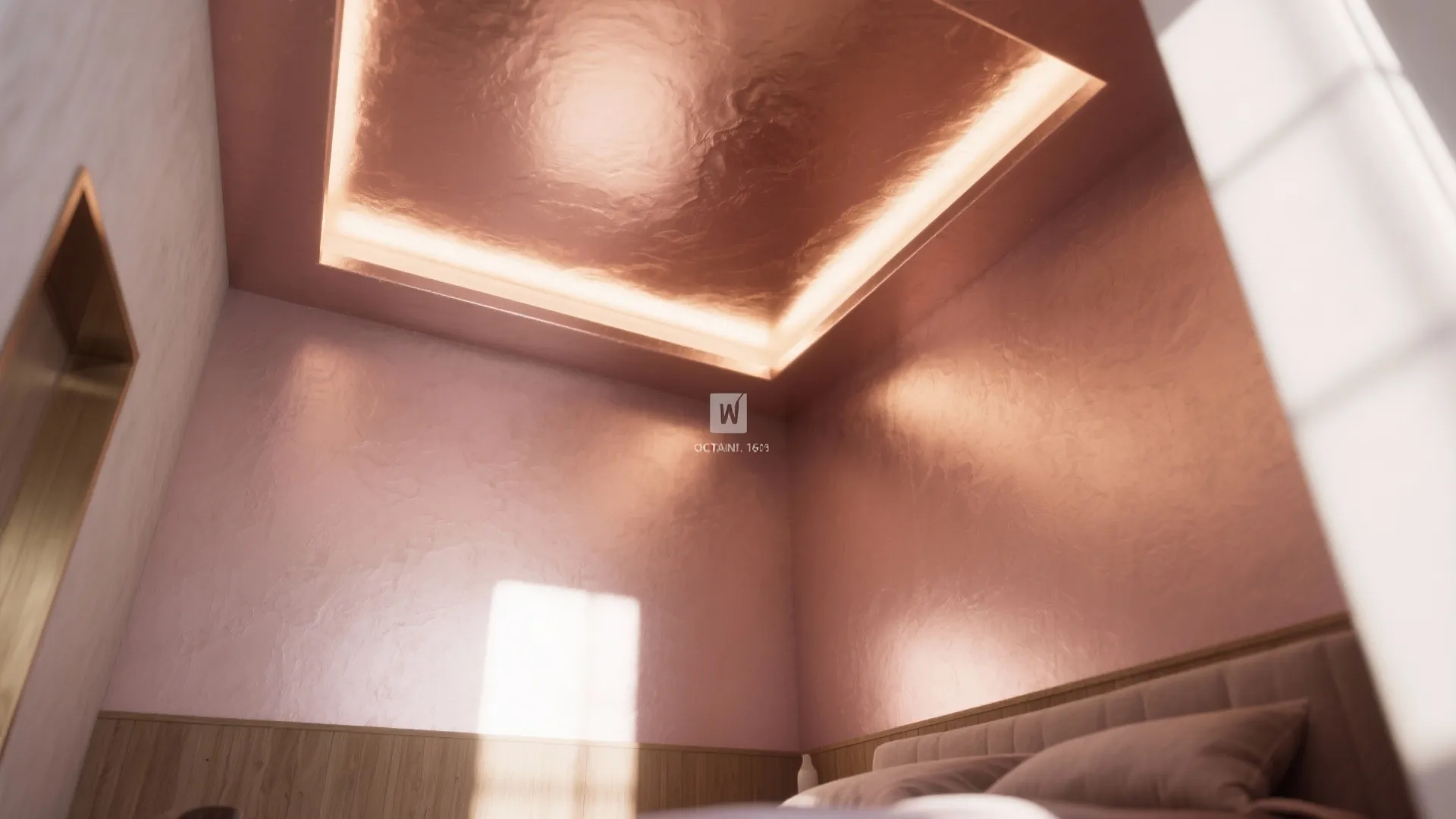 Modern bedroom featuring a rose gold recessed ceiling with hidden warm light and pink walls