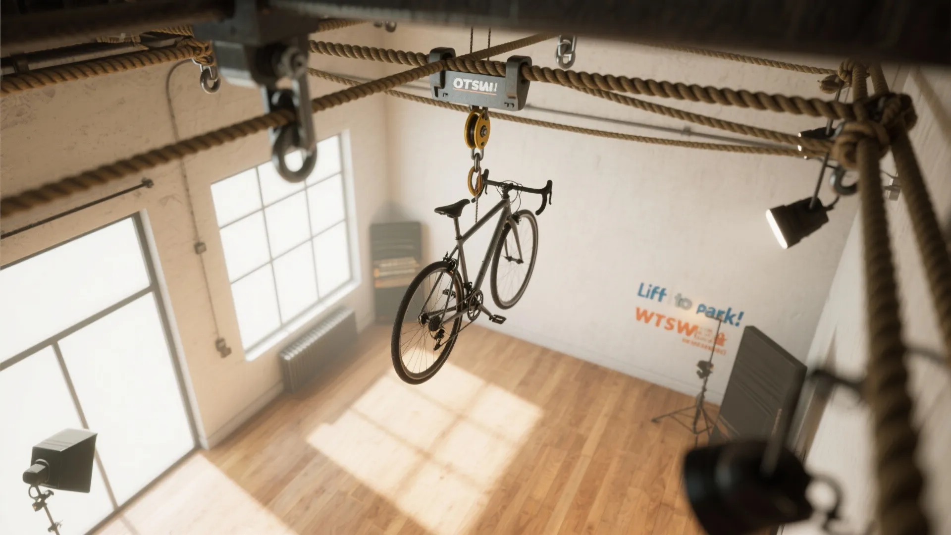 Bicycle hanging from a ceiling pulley system in a room with wood floors and windows