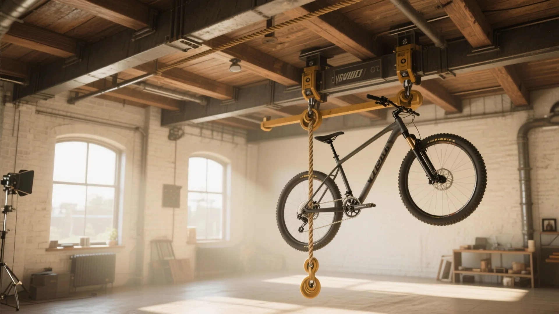Mountain bike hanging from a rope hoist attached to a wooden ceiling in large room