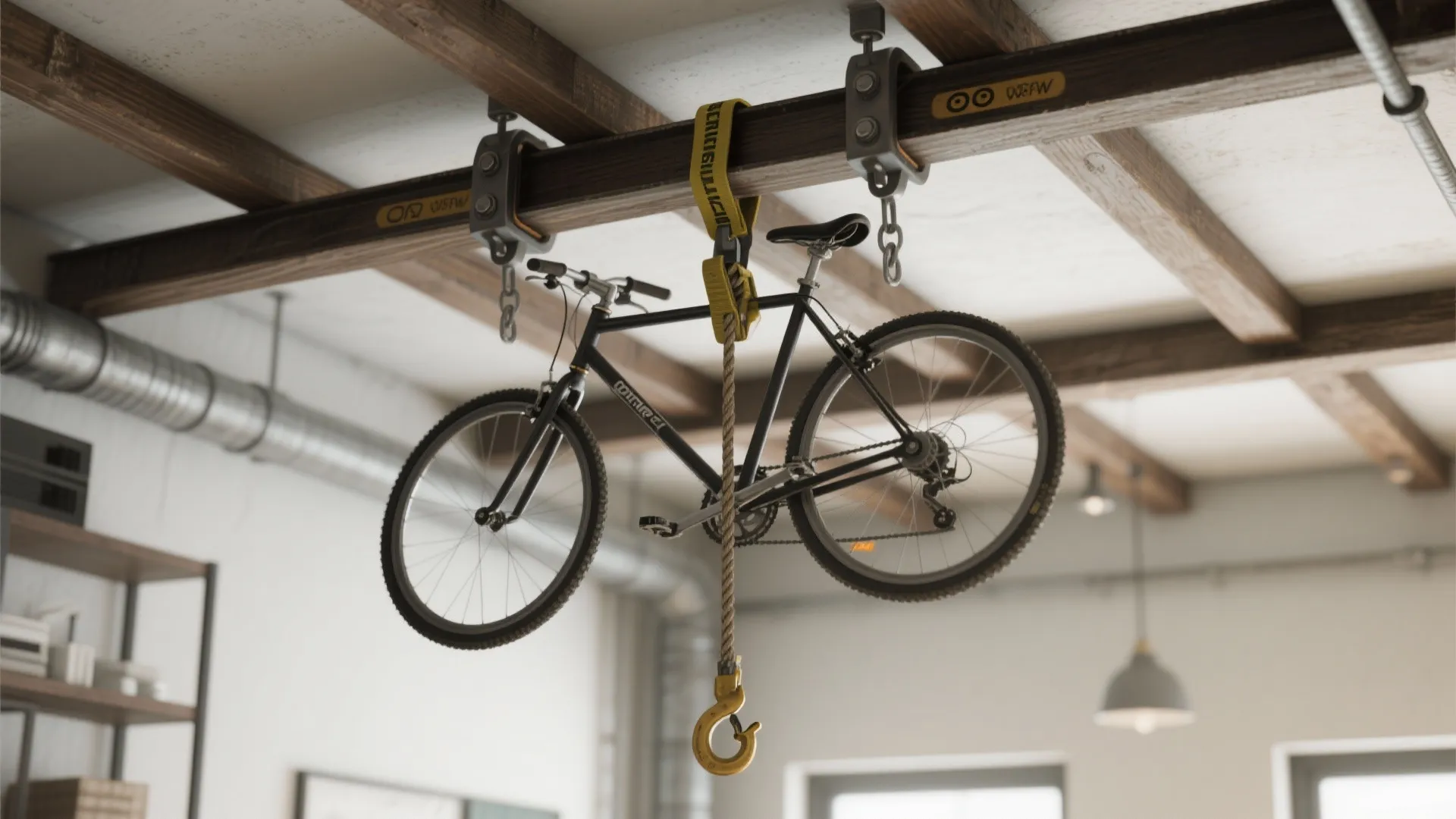 A black bicycle hanging from heavy wooden ceiling beams using a strong yellow lifting strap system