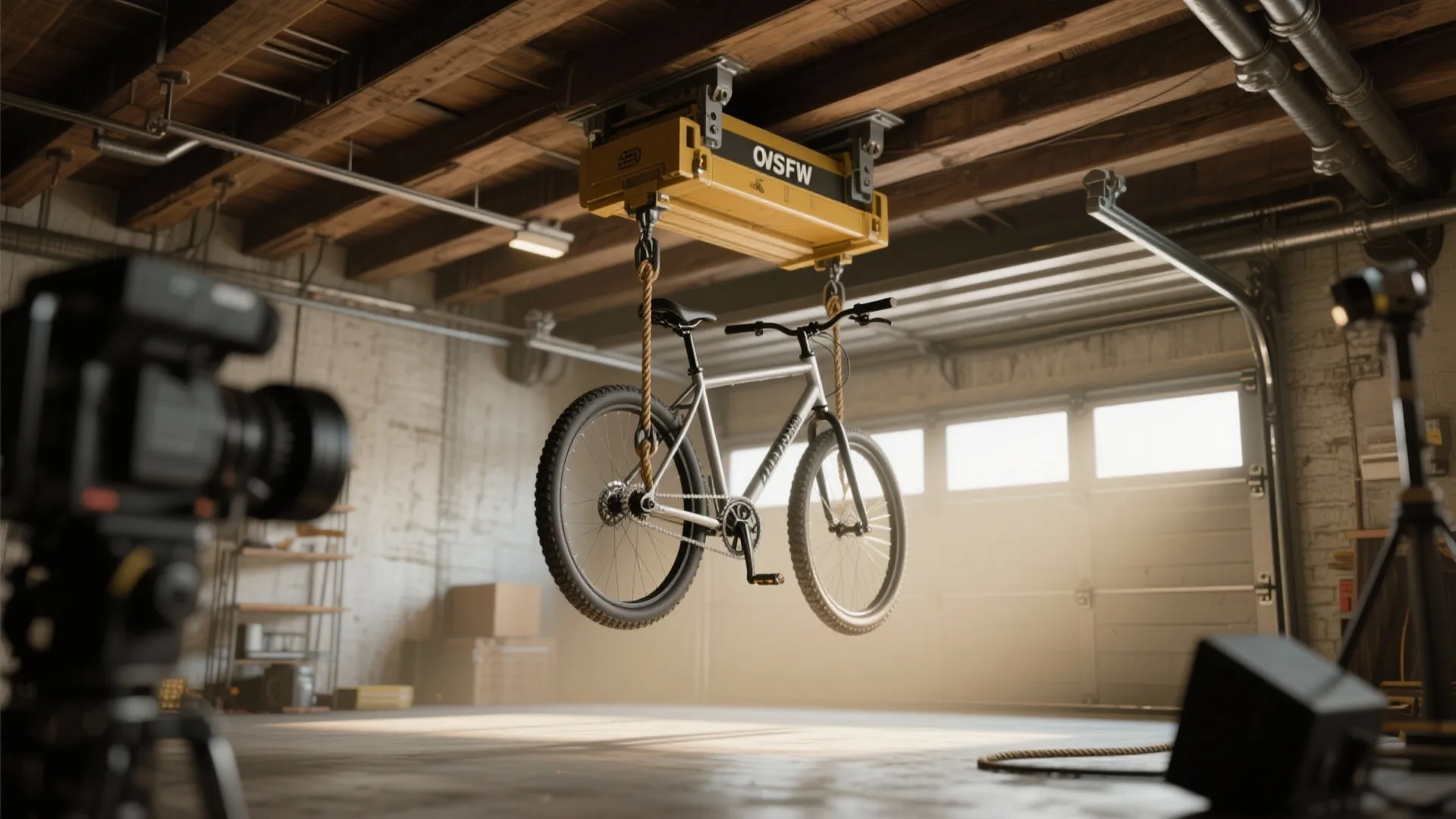 Bicycle hanging from a yellow ceiling hoist pulley system inside a garage with wooden beams