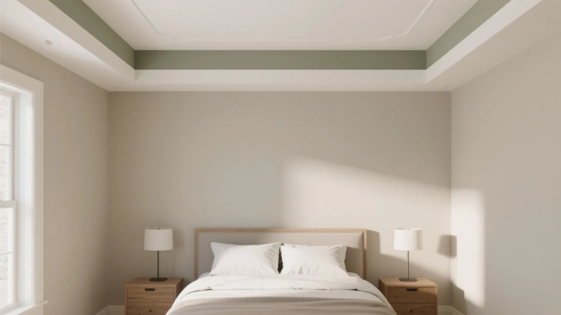 Modern bedroom with a green ceiling band white bed wooden nightstands and two white table lamps