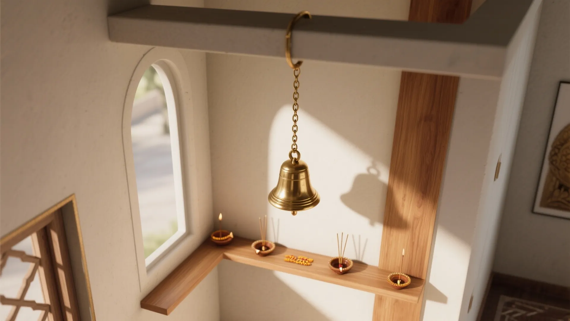 Ceiling-Hung Bell with Discreet Chain and Beam Anchor