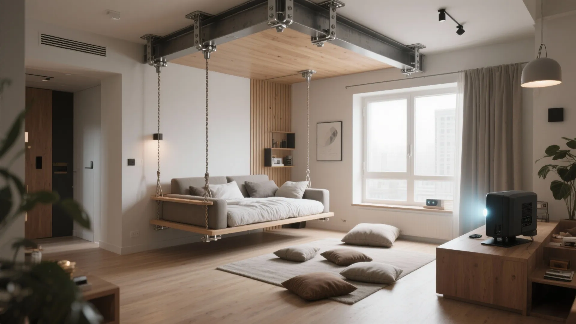 Studio with a ceiling-hung daybed swing showing stainless-steel anchors and free floor space