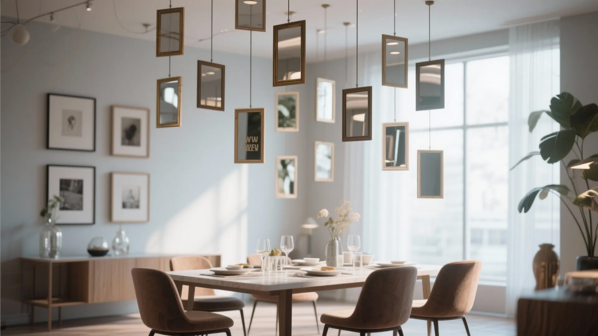 Modern dining area with many small rectangular mirrors hanging from ceiling above white dinner table
