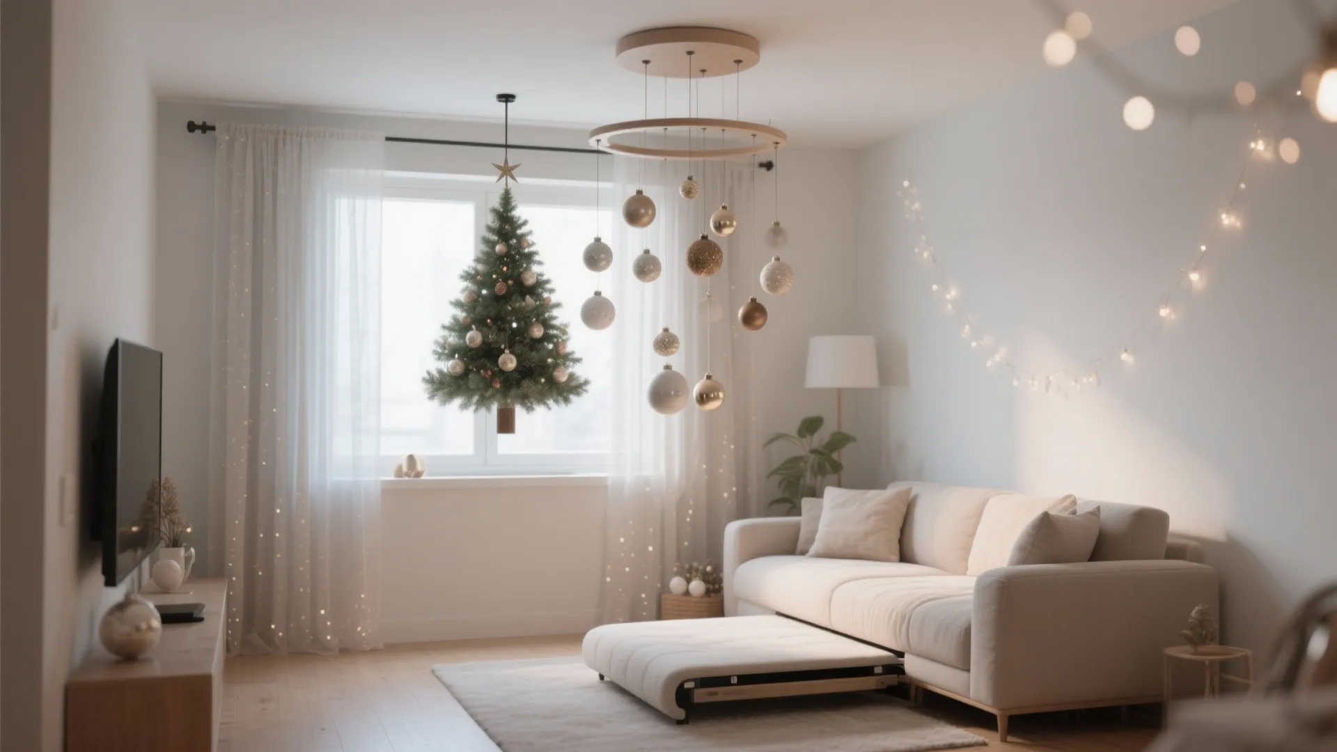 Modern living room featuring a small hanging Christmas tree near window and white sofa furniture