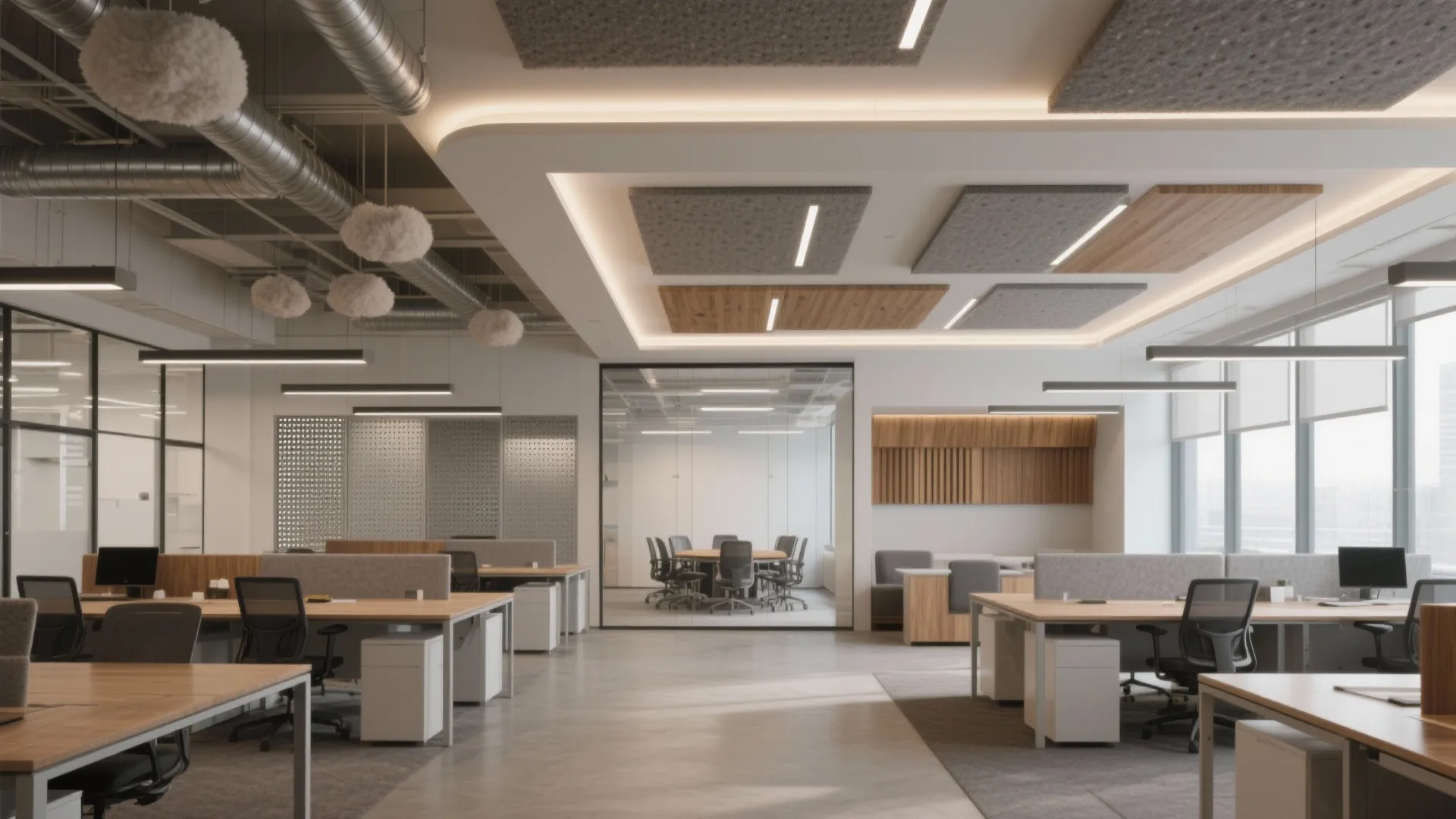 Open plan office with wooden desks ceiling light fixtures and glass meeting room in background