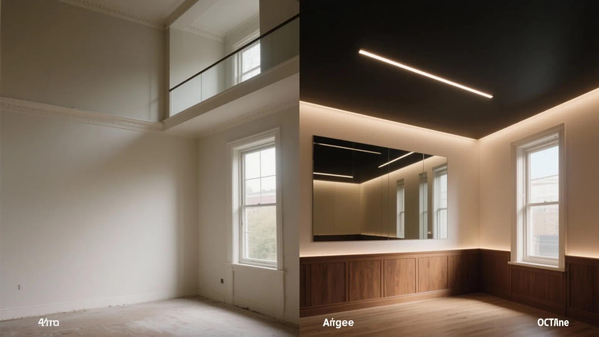 Empty white room versus modern interior design with dark ceiling and warm wood wall panels