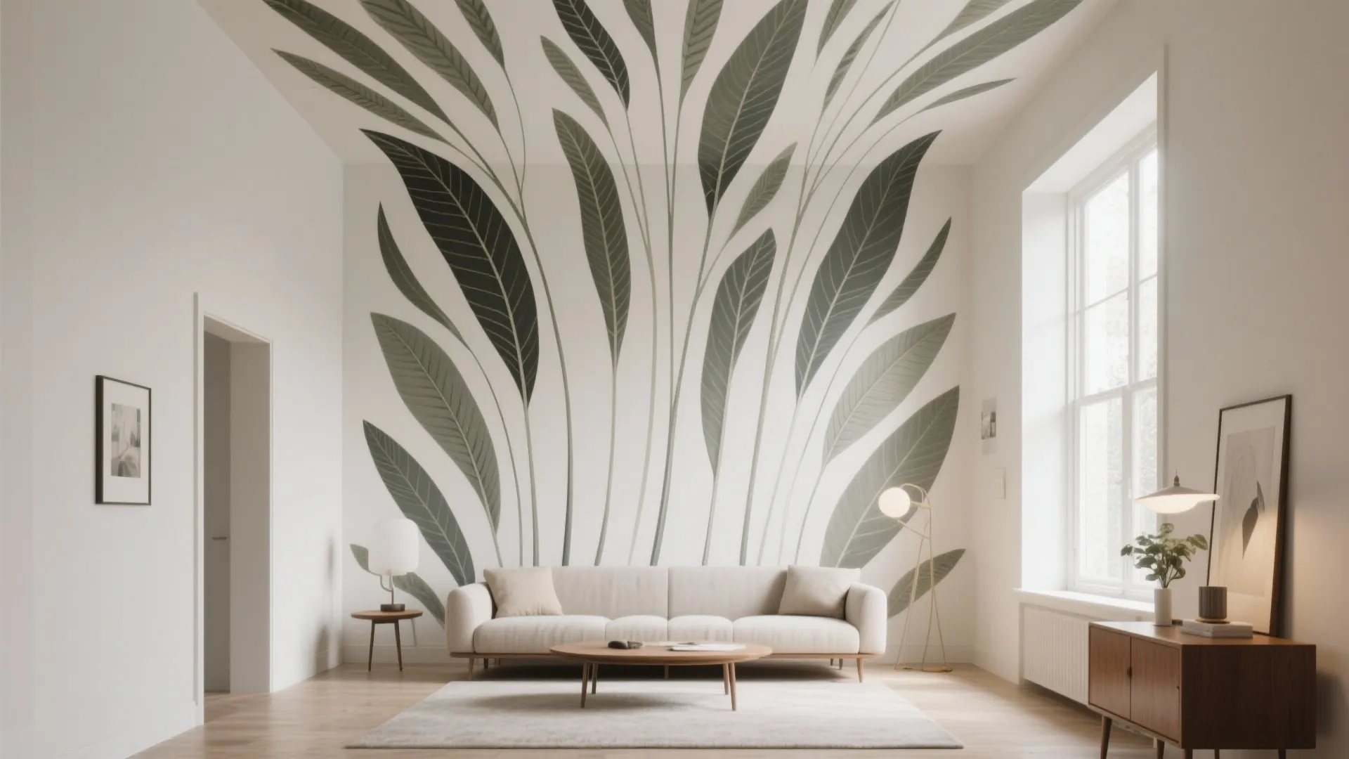 Compact living room with a vertical floor-to-ceiling elongated leaf mural that visually raises the ceiling.