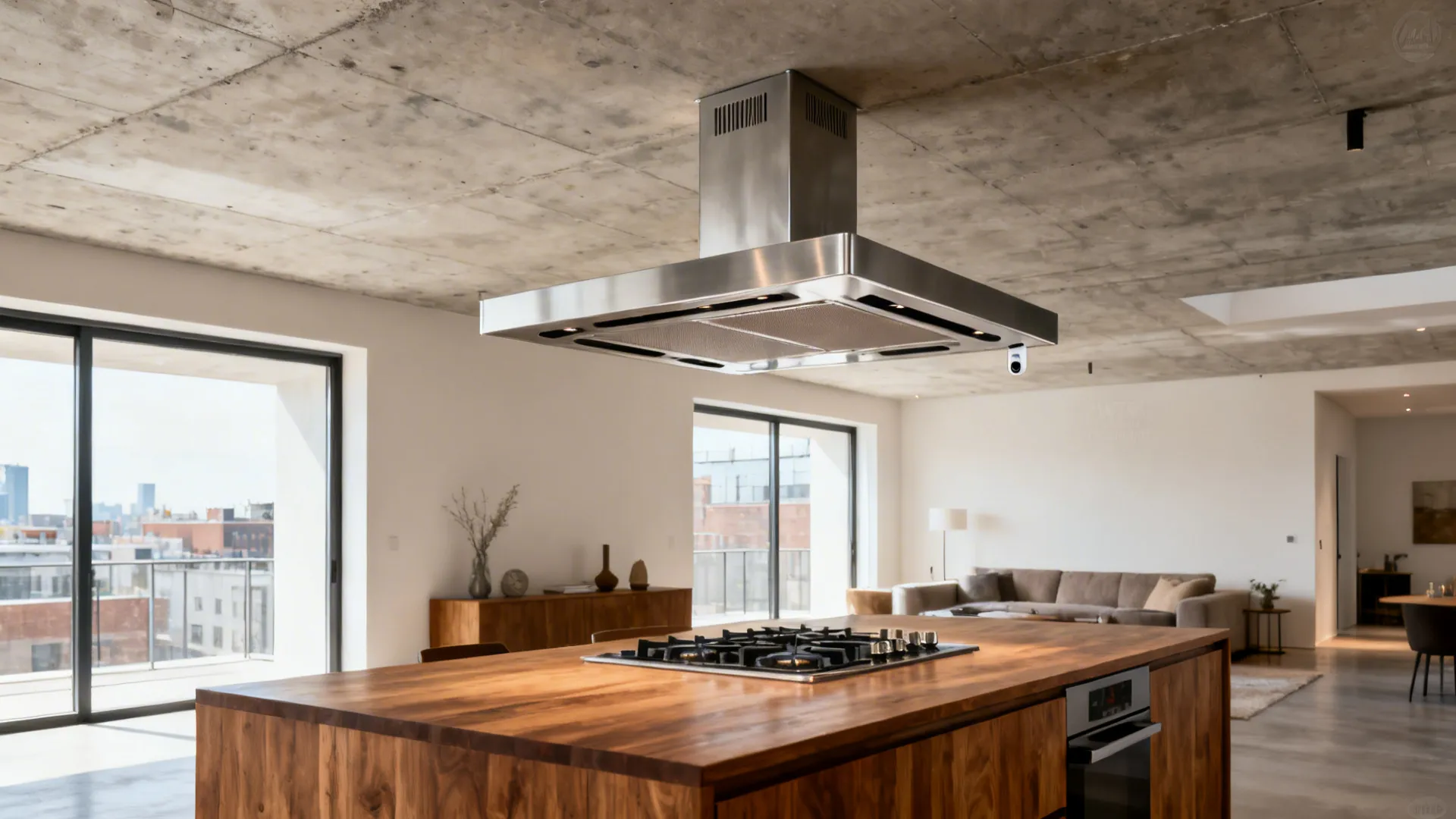 Ceiling-mounted low-profile hood over an island in an open-concept loft with clear sightlines.