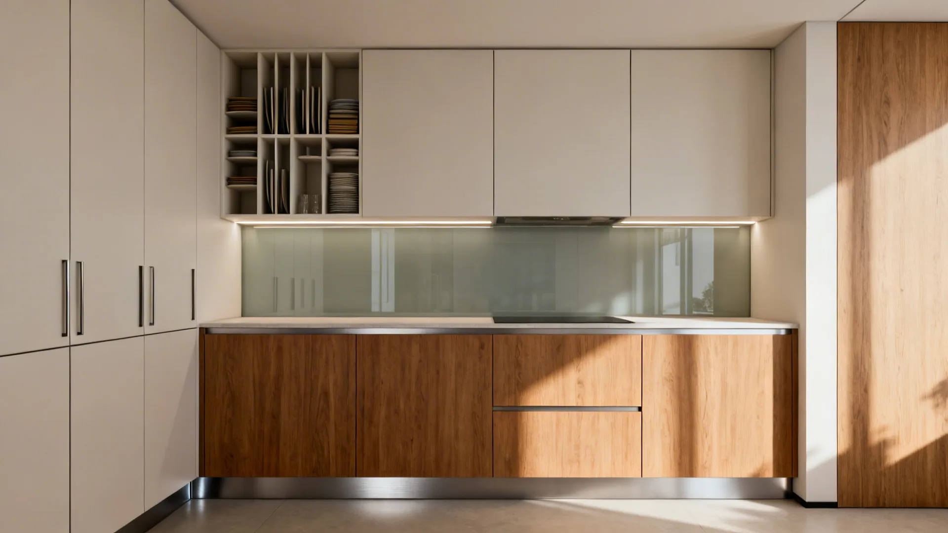 Modern kitchen design with white upper cabinets wooden lower units glass backsplash and open racks