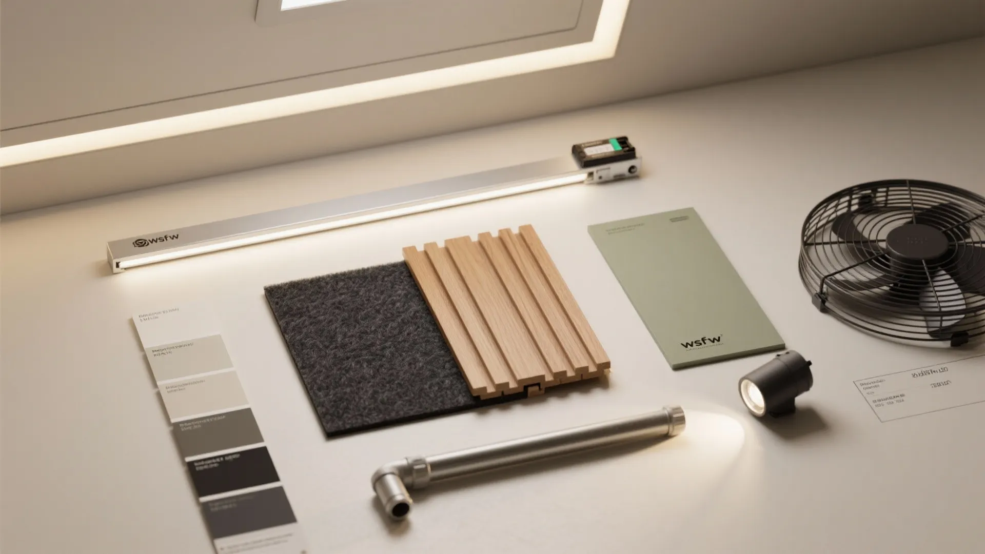 Interior design materials including wood panels light fixtures color swatches and fans on a white table
