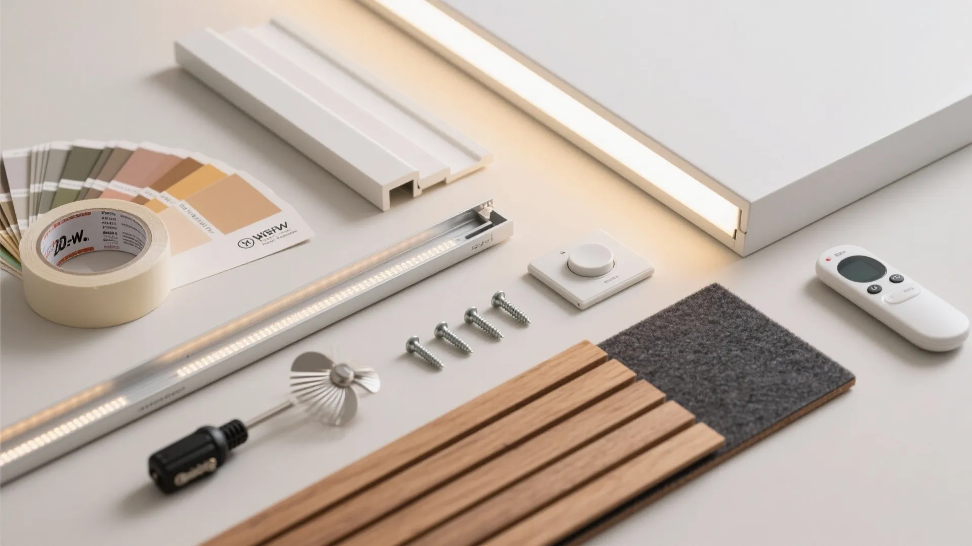 Interior light fixture kit with color samples wood panels metal tracks screws and a white remote