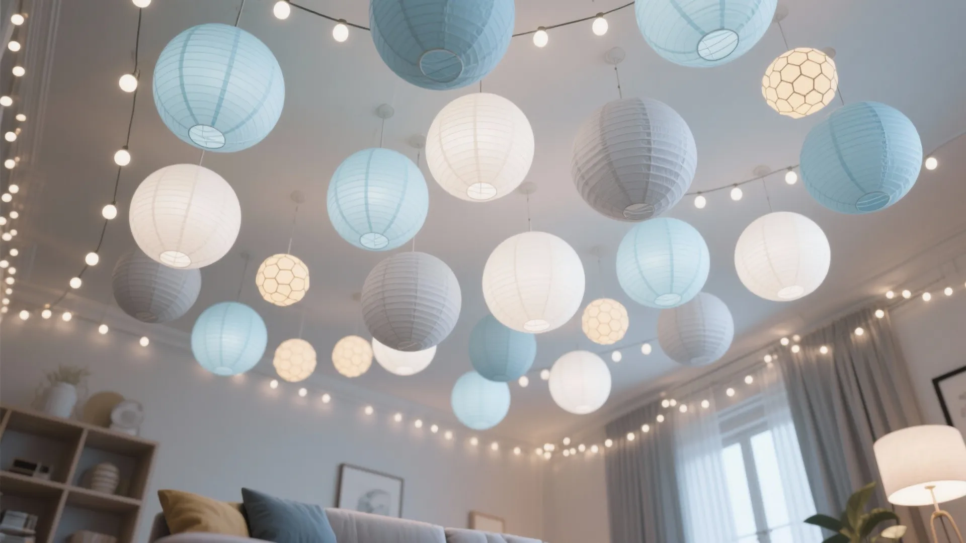 Ceiling Swirls, Paper Lanterns, and Gentle Lighting