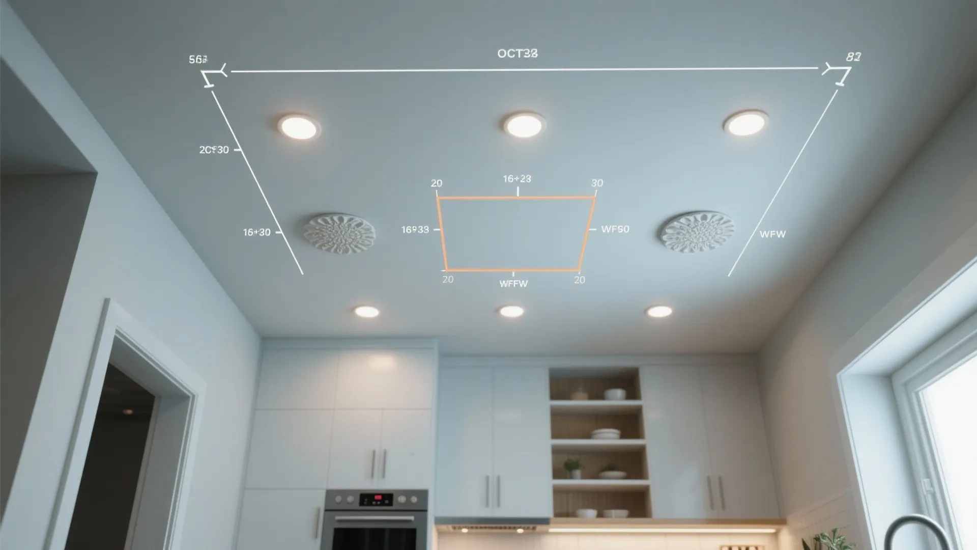 Modern kitchen interior design drawing showing ceiling light layout with specific measurements and white cabinets