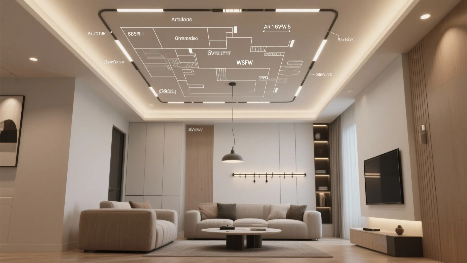 Modern living room with floor plan drawing on ceiling light fixture above sofa and television