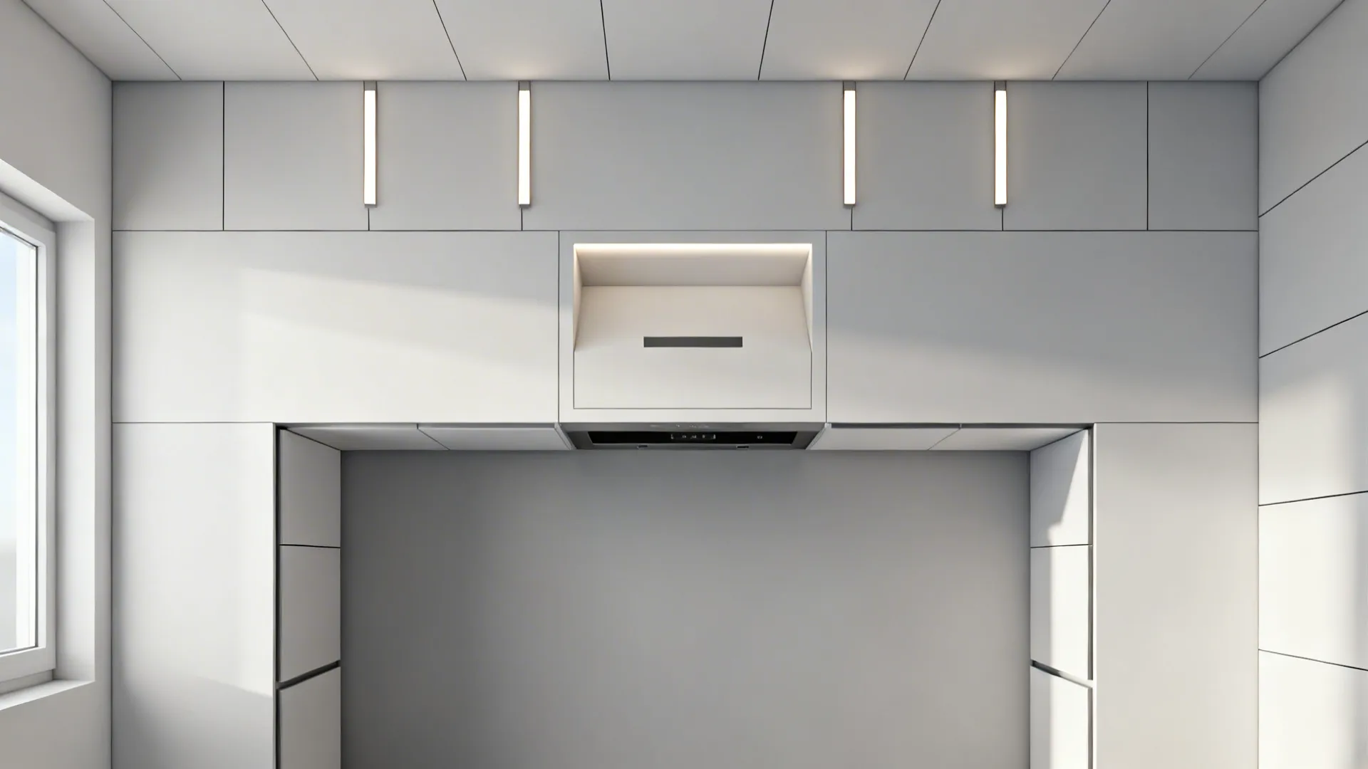 Top-down view mapping recessed ceiling channels and linear LED zones in a compact kitchen.