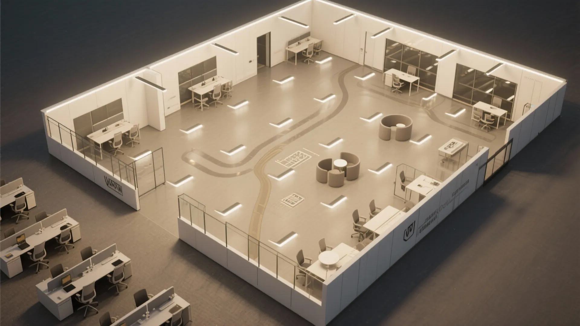 Top-down view of office lighting layout with downlights and perimeter cove for uniform coverage.