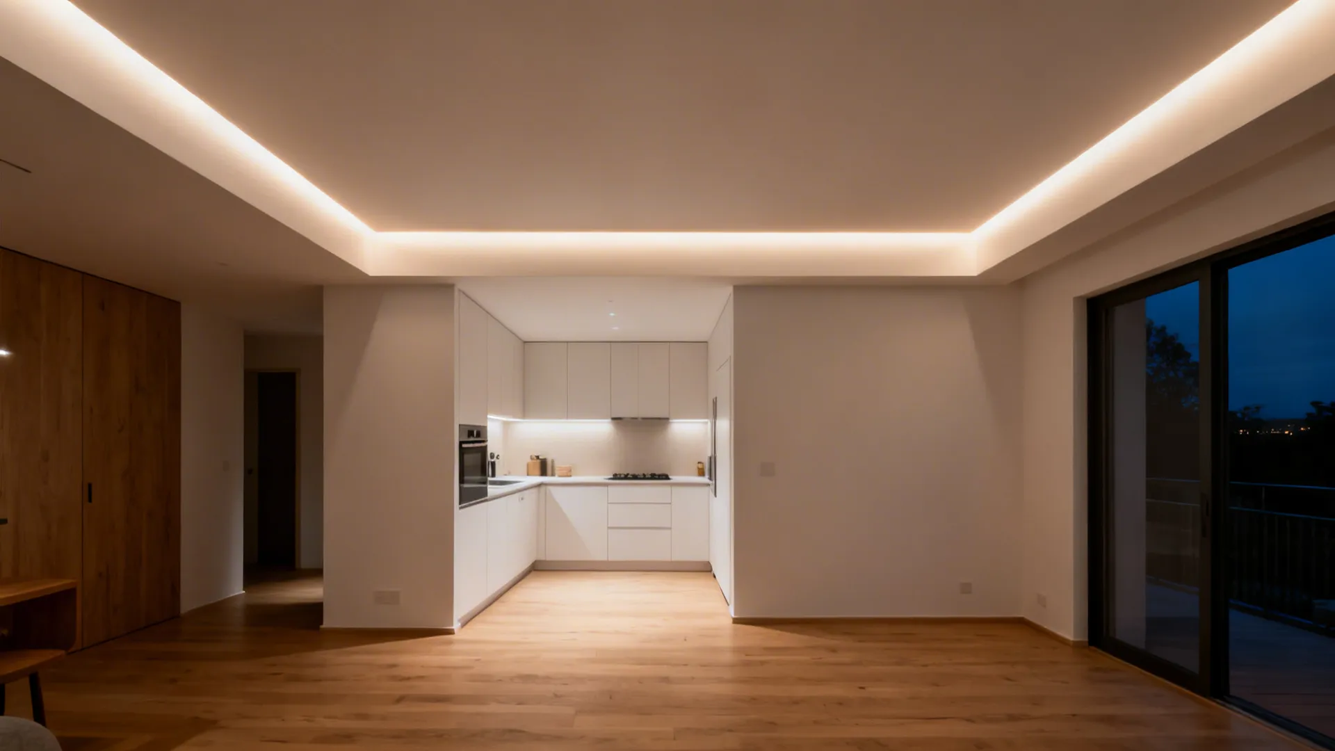 Small kitchen framed by a shallow soffit with warm LED perimeter wash enhancing height.