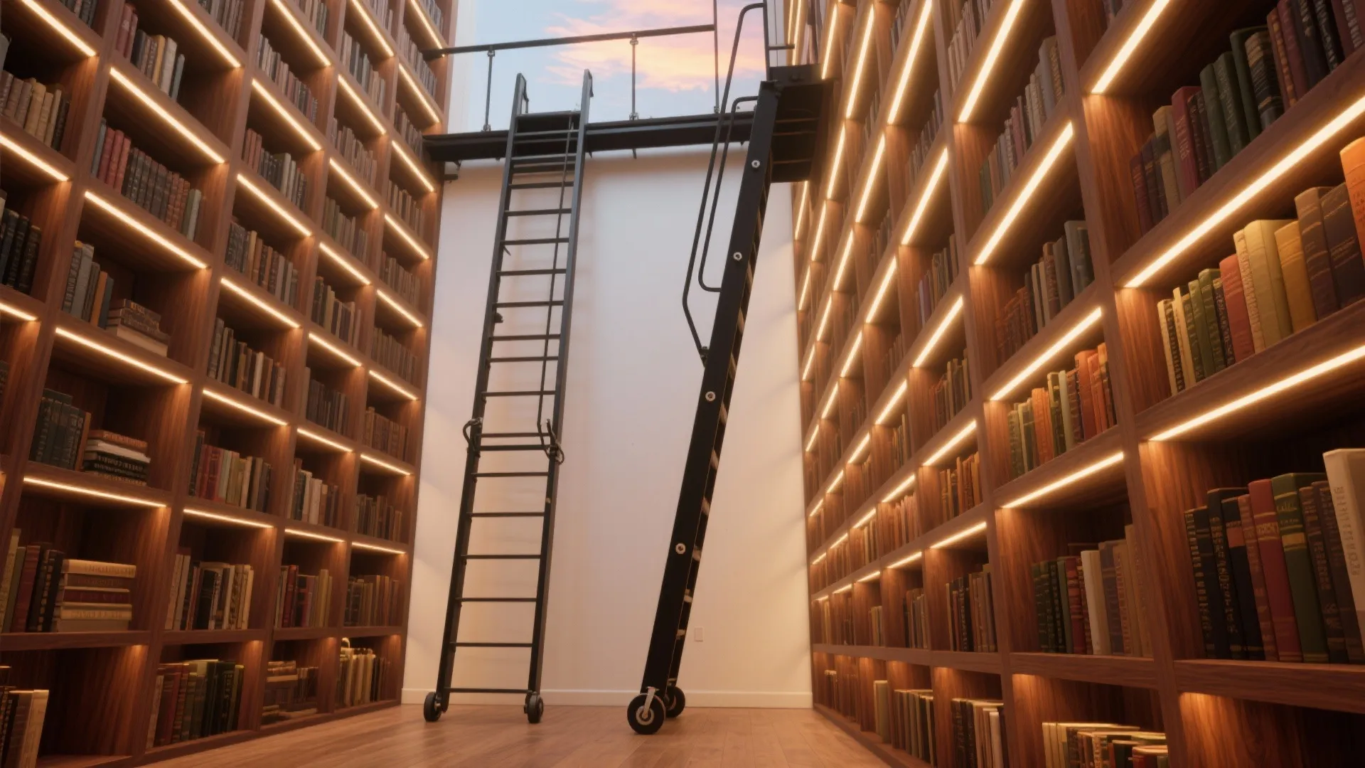Ceiling-High Library with Ladder and Integrated Lighting