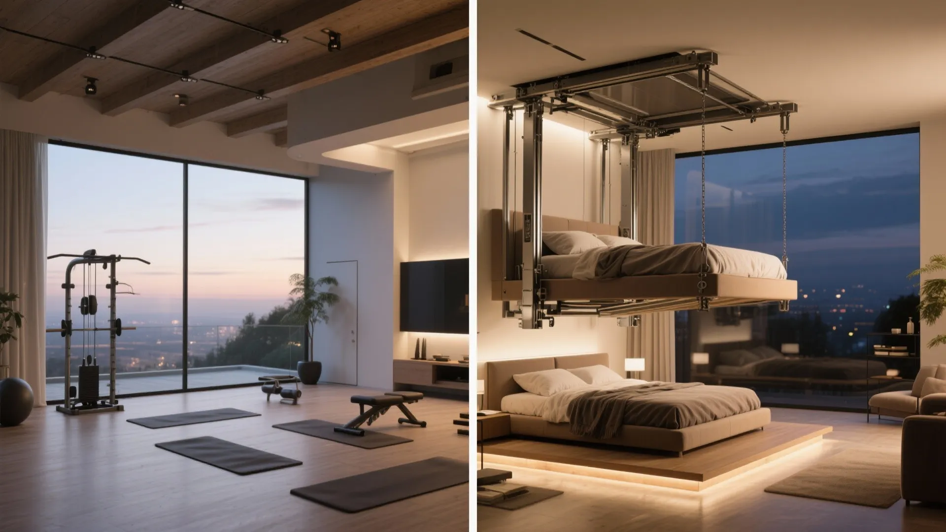 Modern room showing a gym layout transforming into a bedroom with a motorized ceiling bed