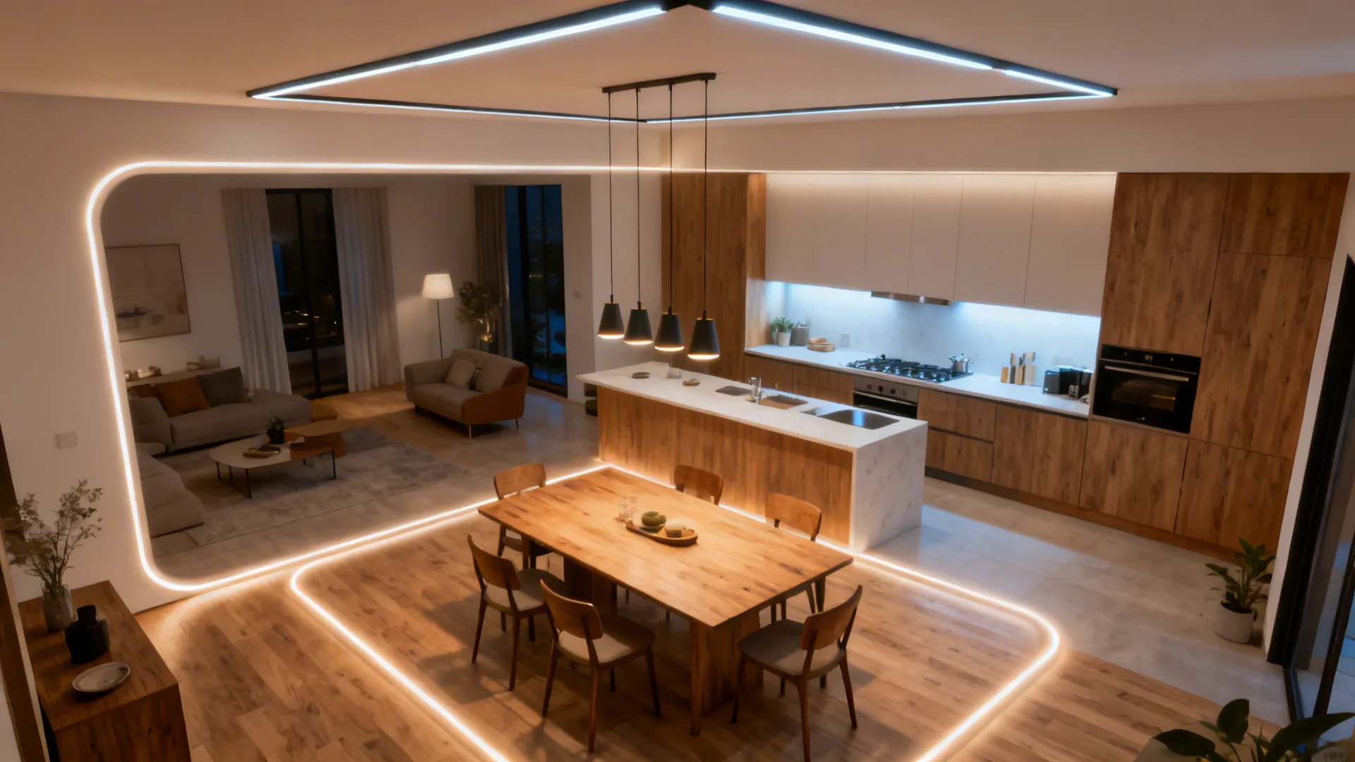 Ceiling frame and lighting to “draw a line” without walls