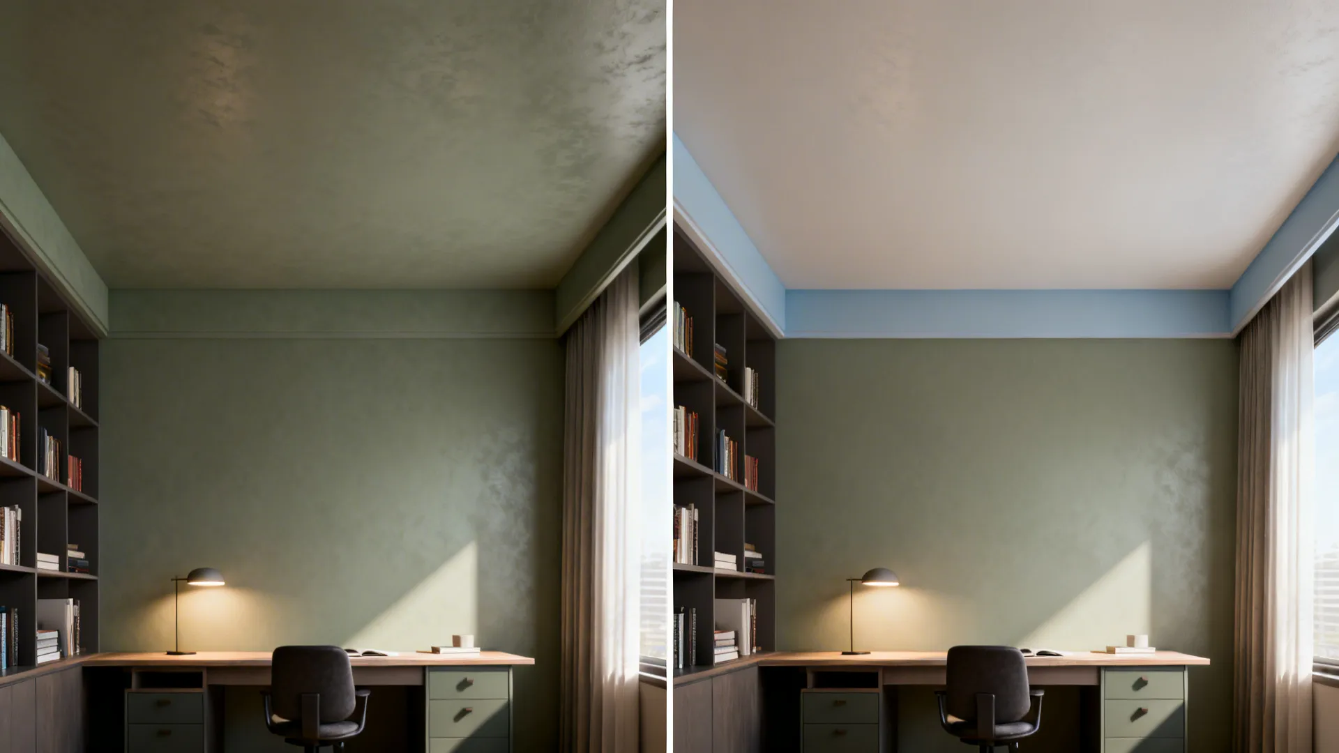 Split before-and-after of a study showing a lighter ceiling creating the illusion of height