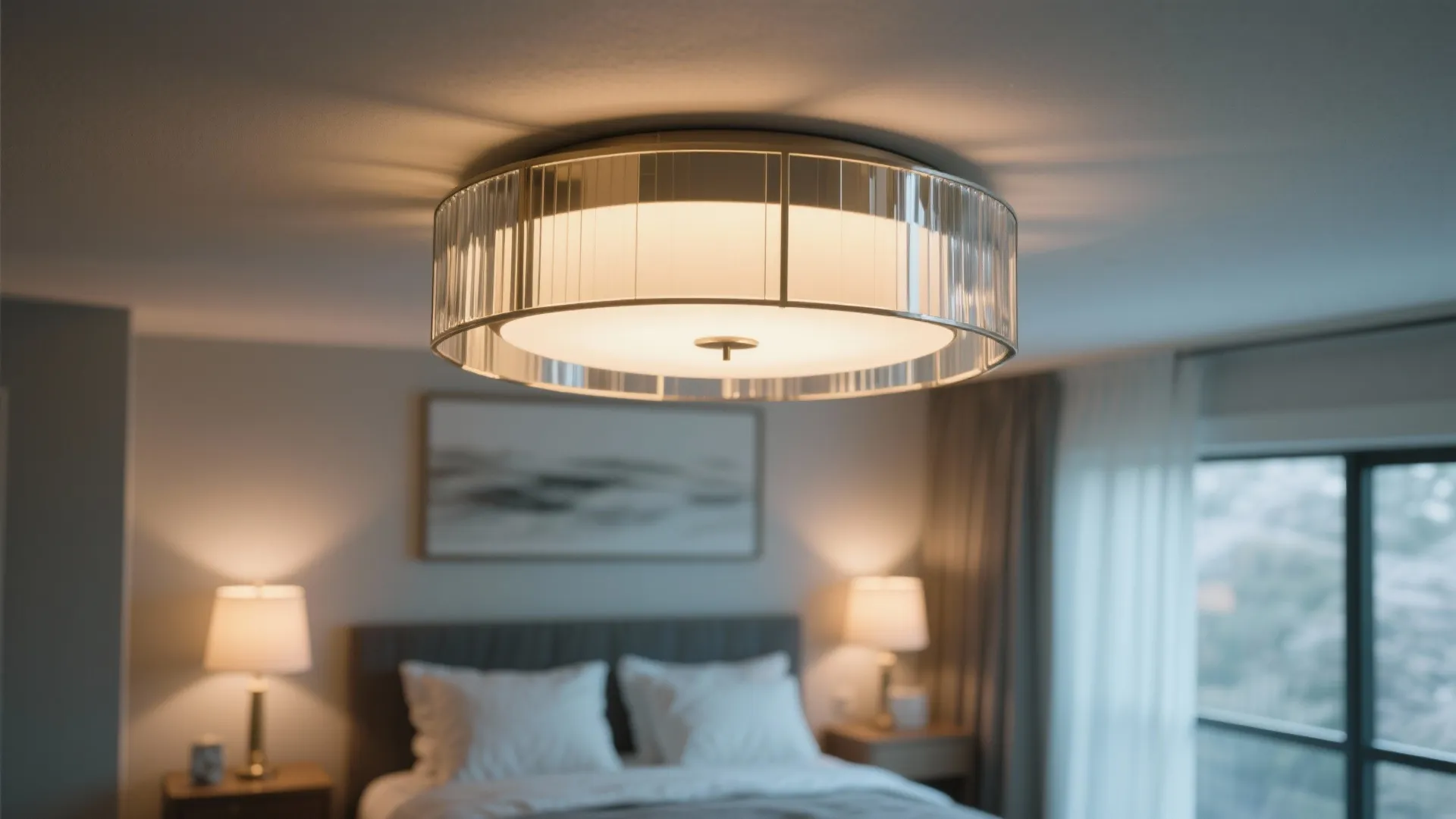 Round glass ceiling light in cozy bedroom with bed pillows and two small table lamps