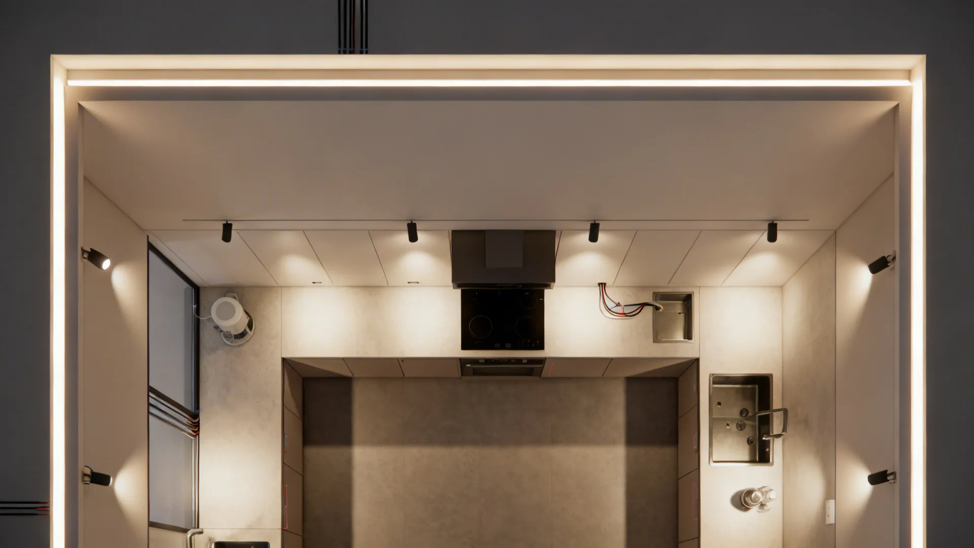 Top-down view of POP ceiling with cove and recessed task lights in a small kitchen.