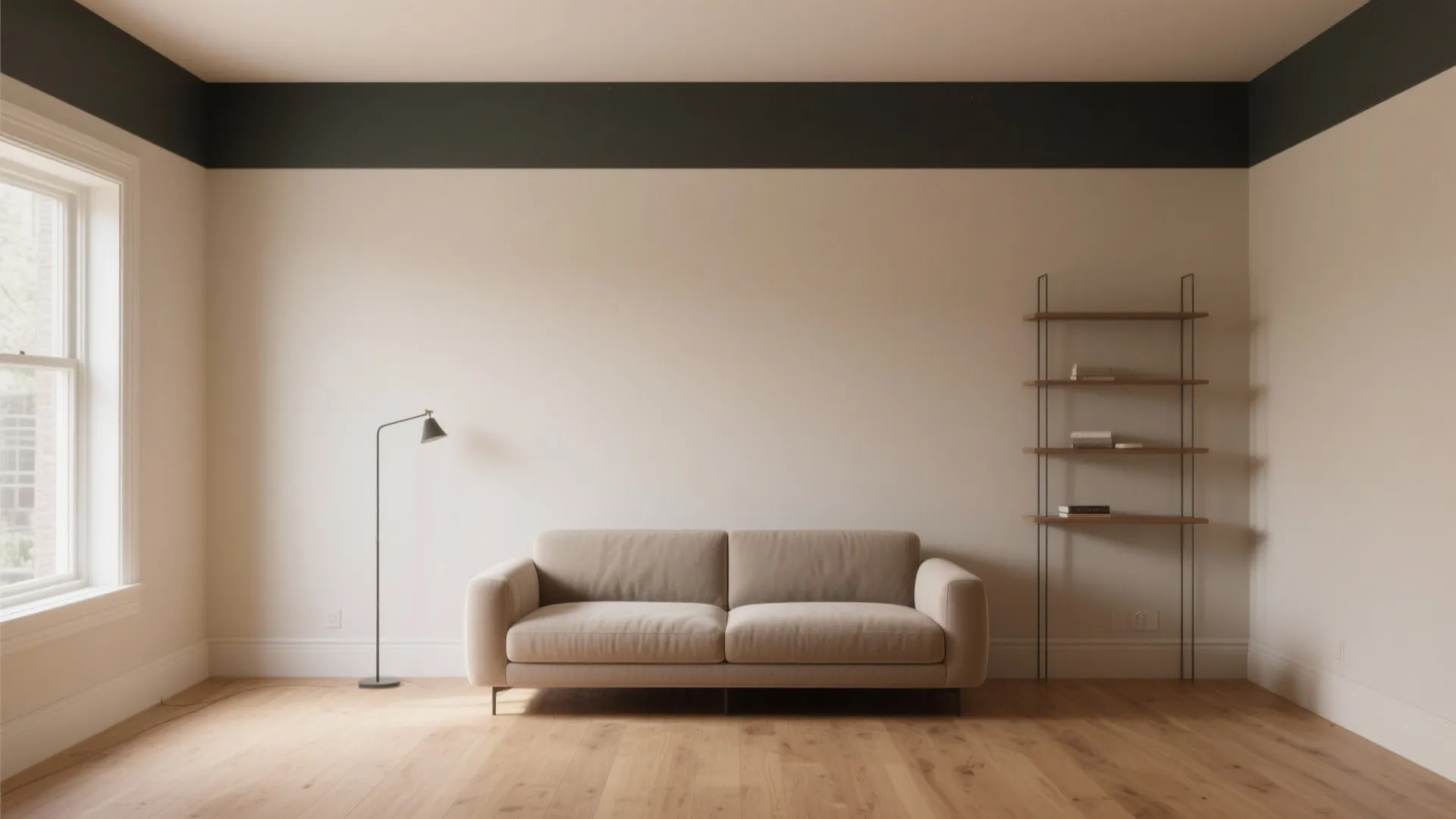 Beige living room with black paint band near ceiling featuring sofa floor lamp and shelf
