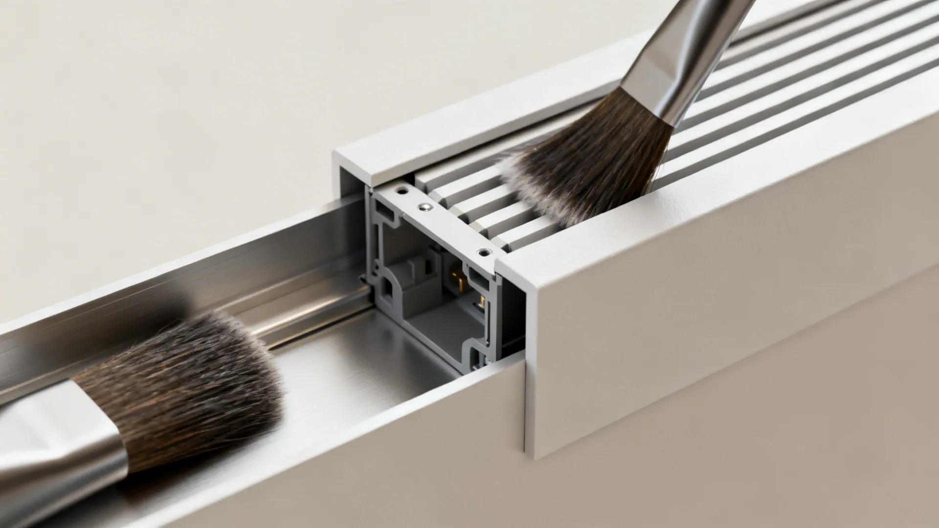 Cleaning a white metal light track with a small brush to remove dust during maintenance