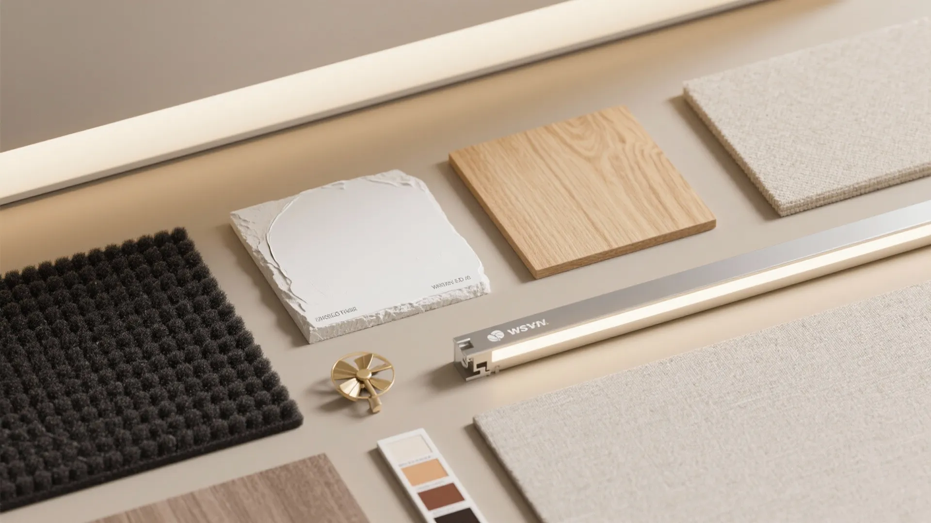 Interior design material samples including wood fabric carpet and a long light fixture on table