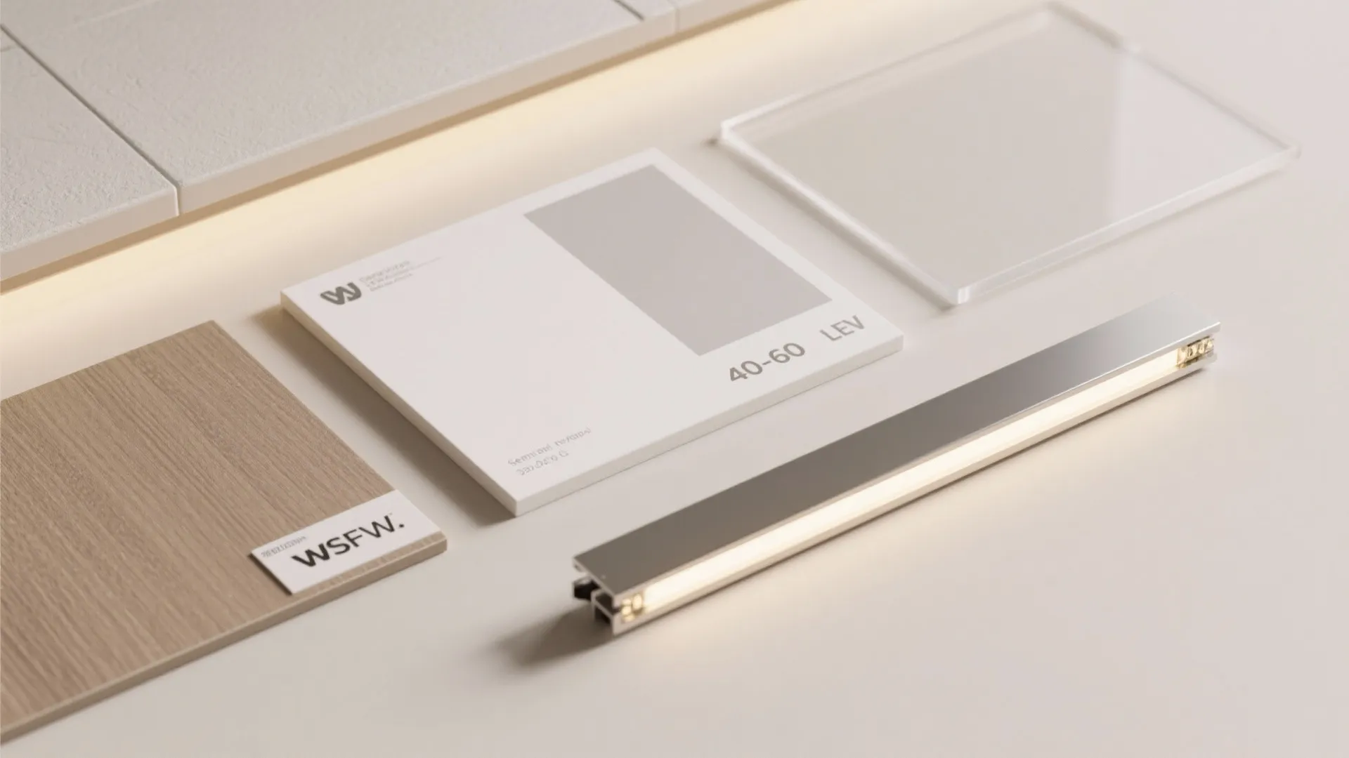 Flatlay of semi-gloss laminate, matte paint, diffuser, and LED channel samples.