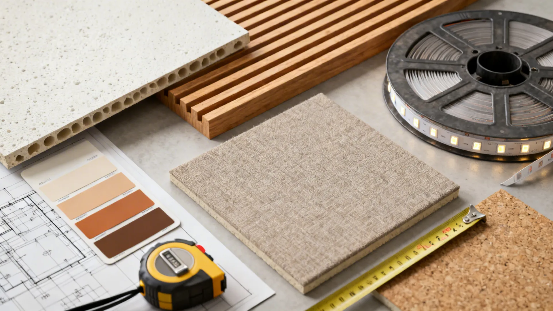 Top-down flatlay of false ceiling material samples including gypsum, wood slat, LED strip and color chips.