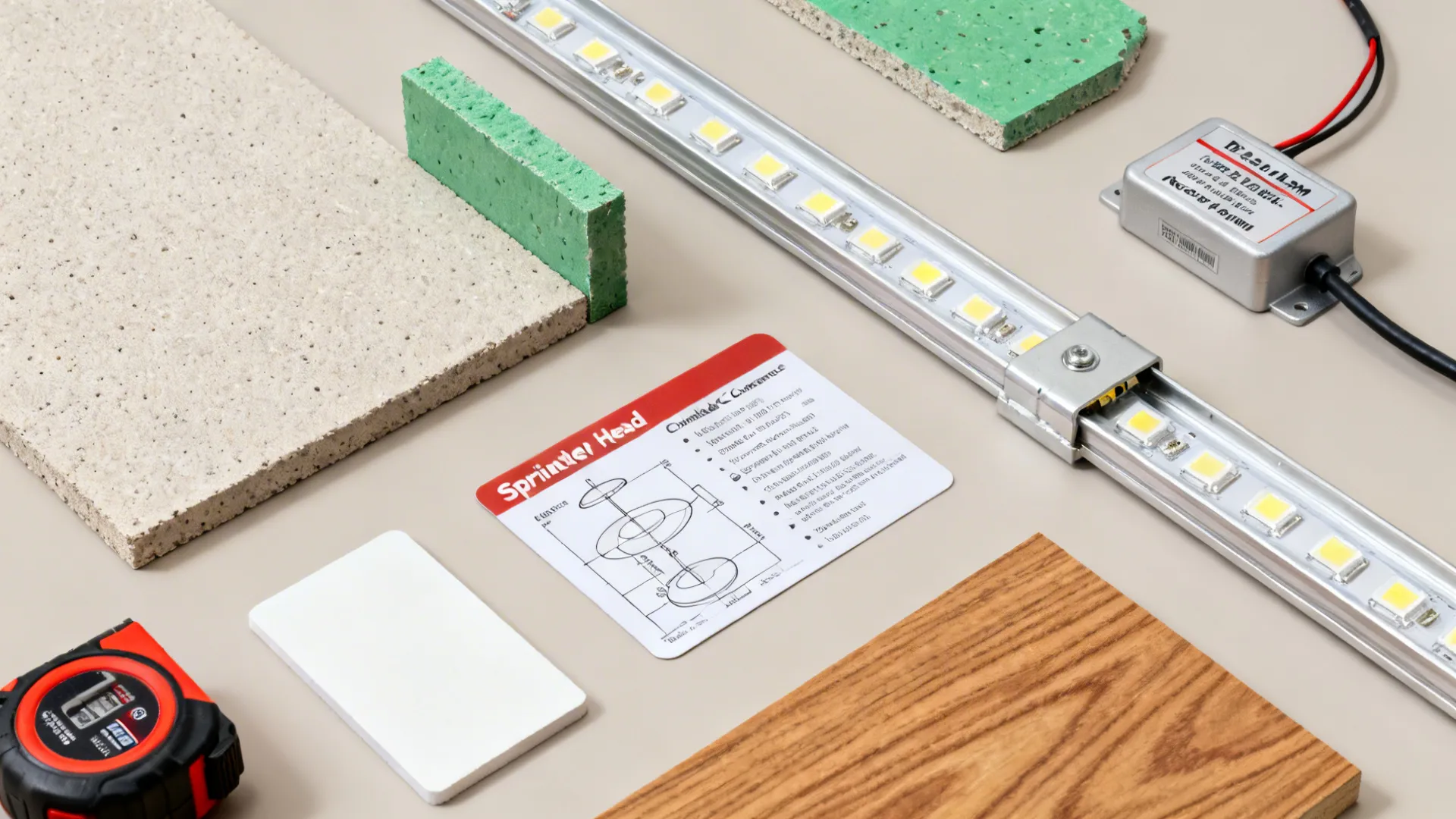 Flat lay of gypsum boards, LED channels, drivers, paint and veneer samples, and planning tools.