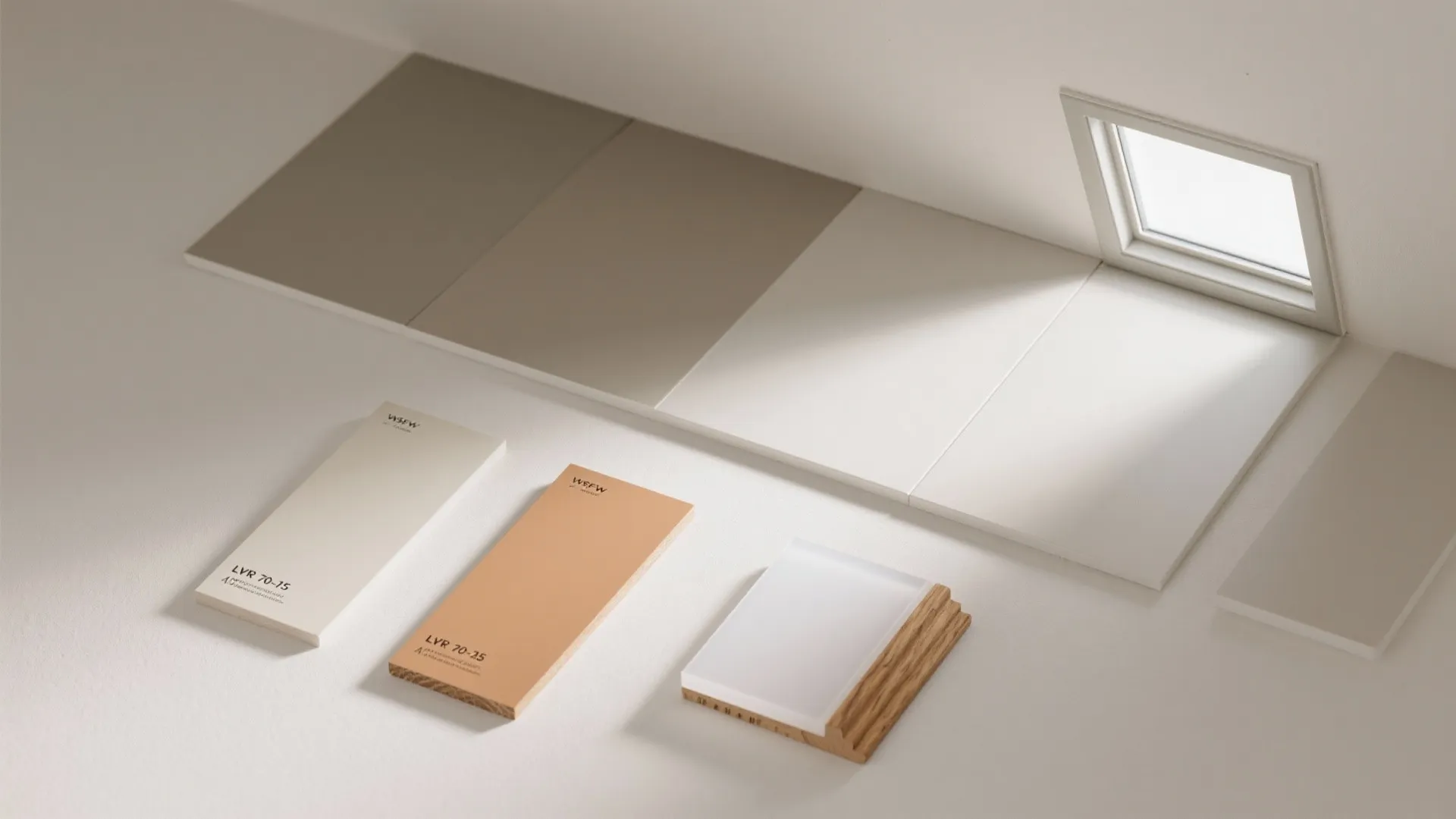Selection of neutral paint color swatches and wood material samples placed near a small window