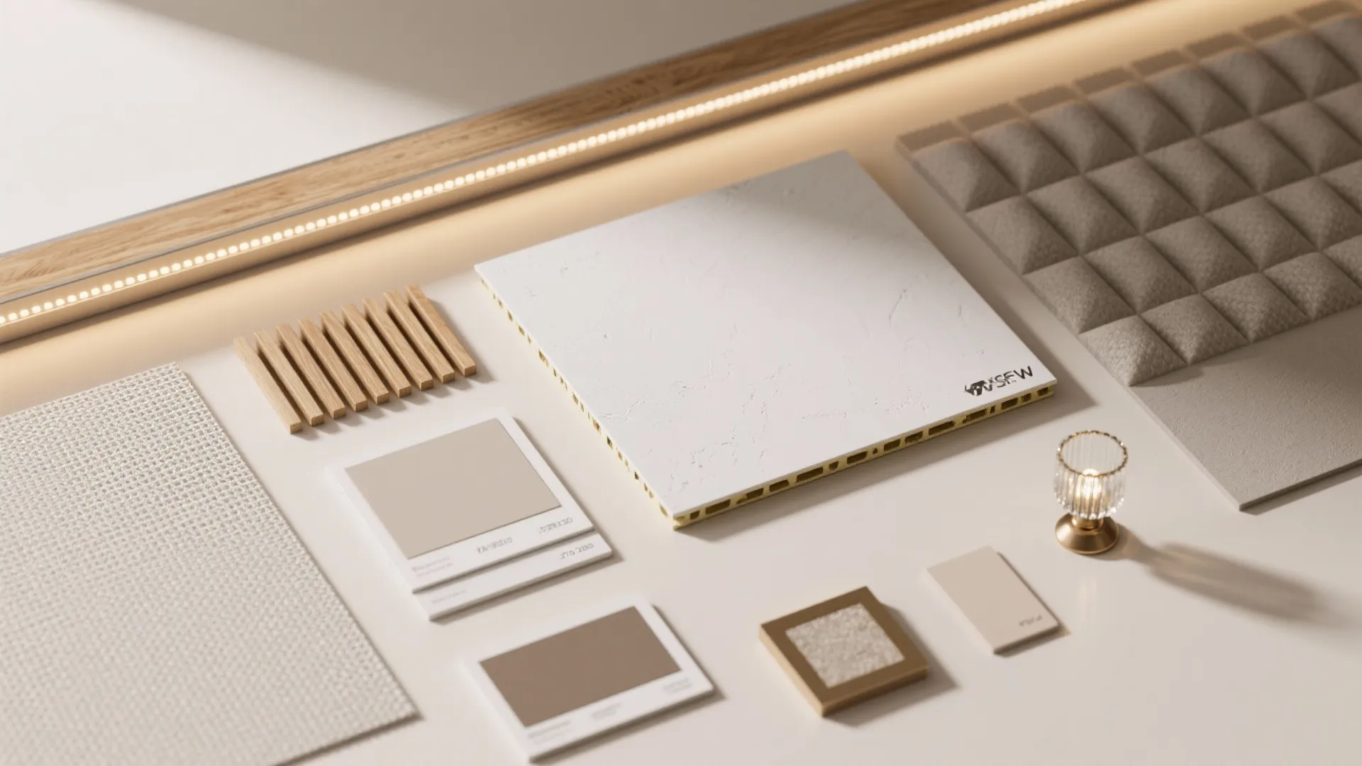 Interior design material board with white panel wood samples color swatches and small light fixture